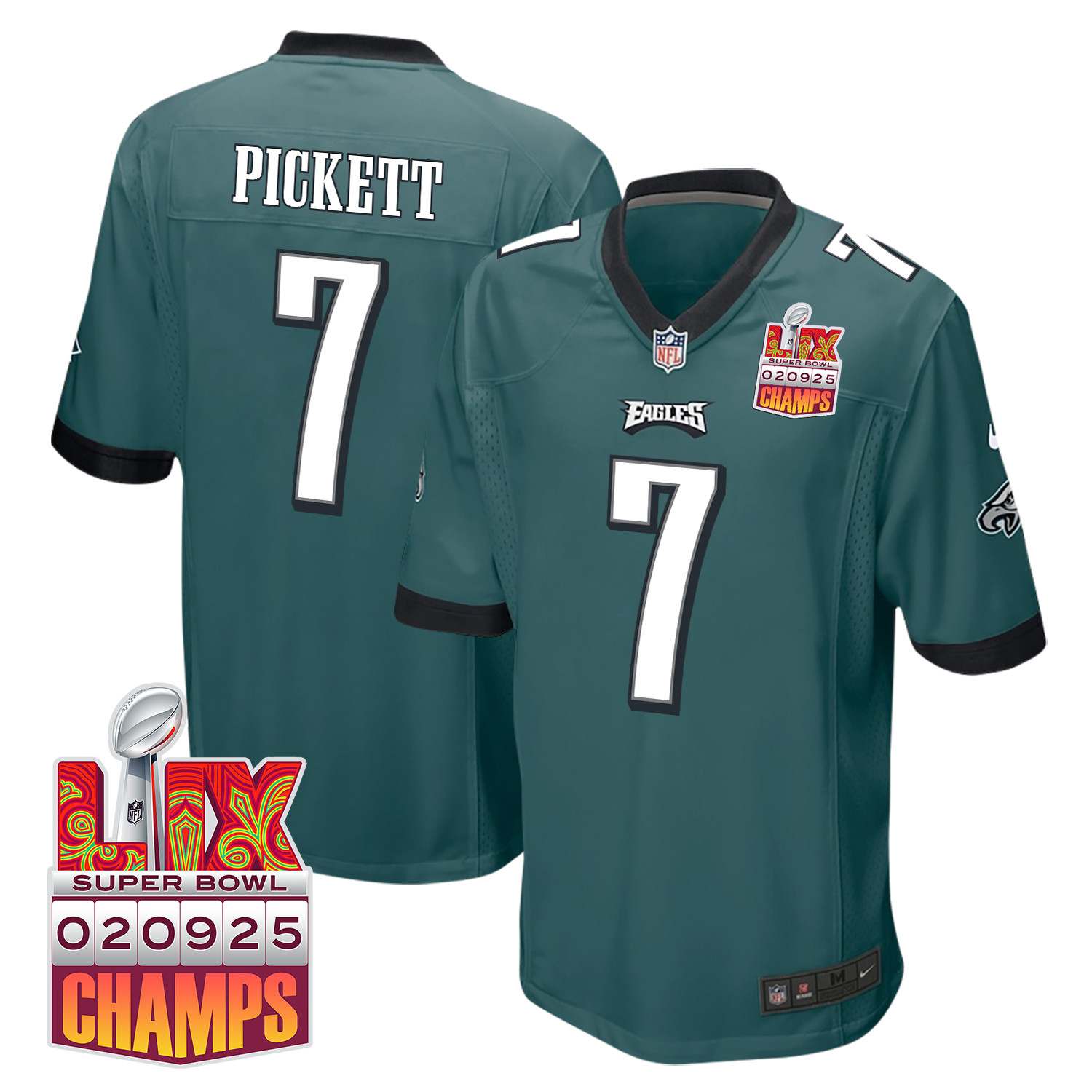 Kenny Pickett #7 Philadelphia Eagles Super Bowl LIX Champions Patch Game Jersey - Men's | Midnight Green