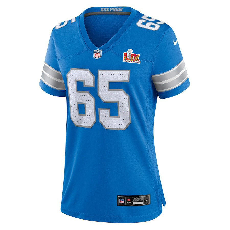 Alternative view of Kingsley Eguakun #65 Detroit Lions Super Bowl LIX Game Jersey - Women's | Blue