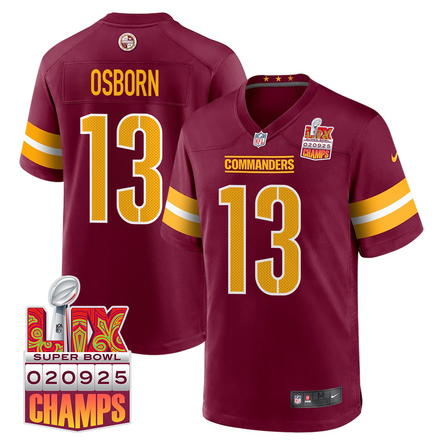 K.J. Osborn #13 Washington Commanders Super Bowl LIX Champions Patch Game Jersey - Men's | Burgundy