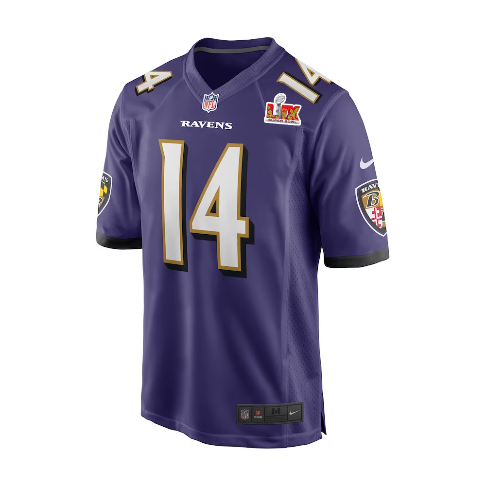 Alternative view of Kyle Hamilton #14 Baltimore Ravens Super Bowl LIX Game Jersey - Men's | Purple