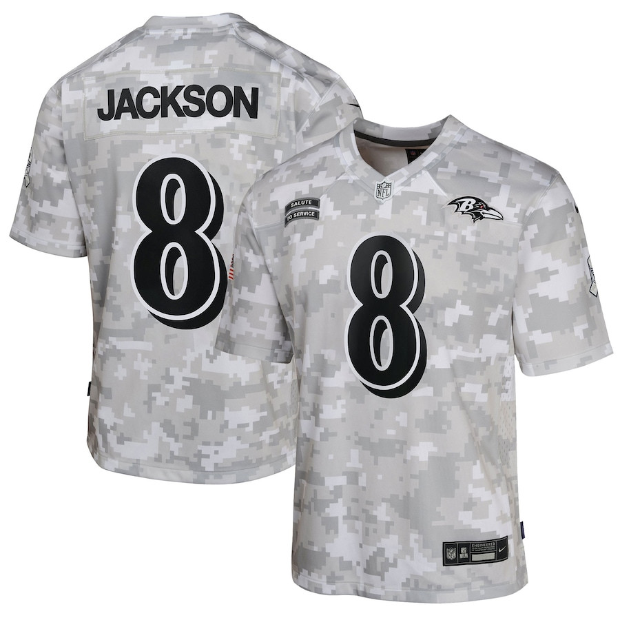 Lamar Jackson #8 Baltimore Ravens Salute To Service Game Jersey - Youth | Arctic Camo