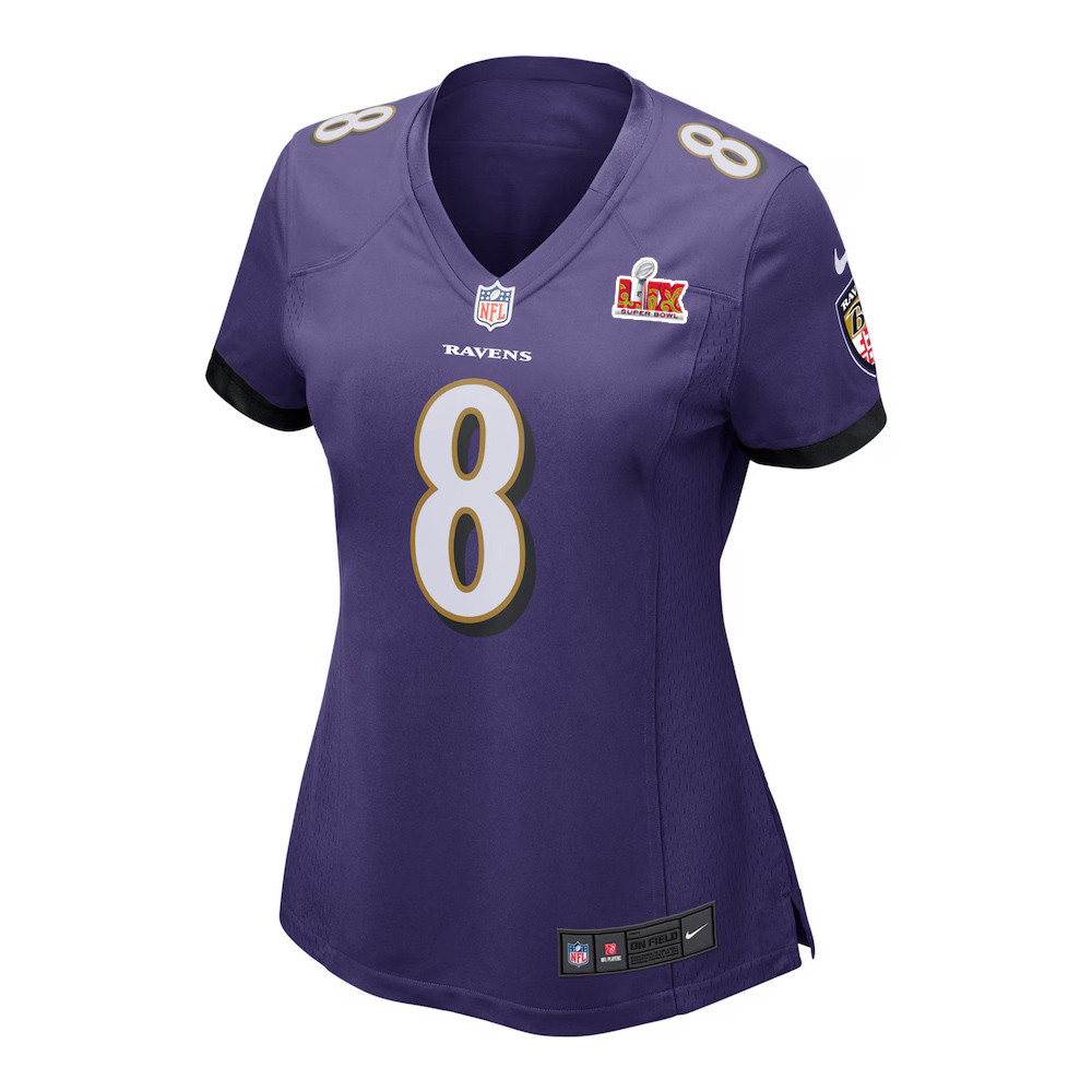 Alternative view of Lamar Jackson #8 Baltimore Ravens Super Bowl LIX Game Jersey - Women's | Purple