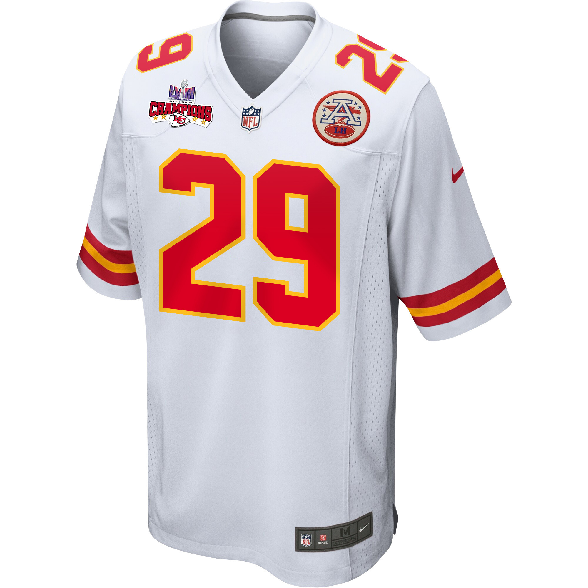 Alternative view of La'Mical Perine #29 Kansas City Chiefs Super Bowl LVIII Champions 4 Stars Patch Game Jersey - Men's | White