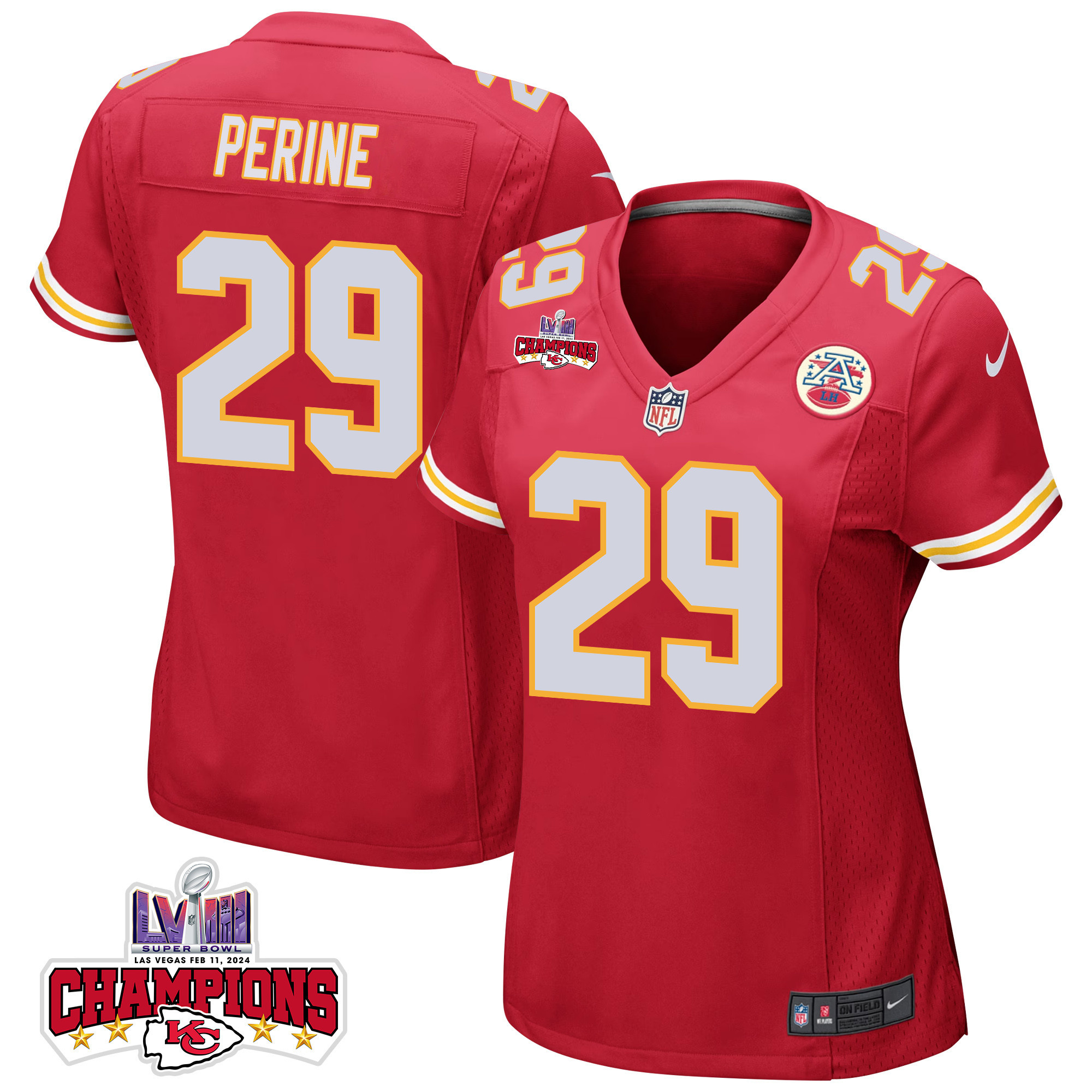 La'Mical Perine #29 Kansas City Chiefs Super Bowl LVIII Champions 4 Stars Patch Game Jersey - Women's | Red