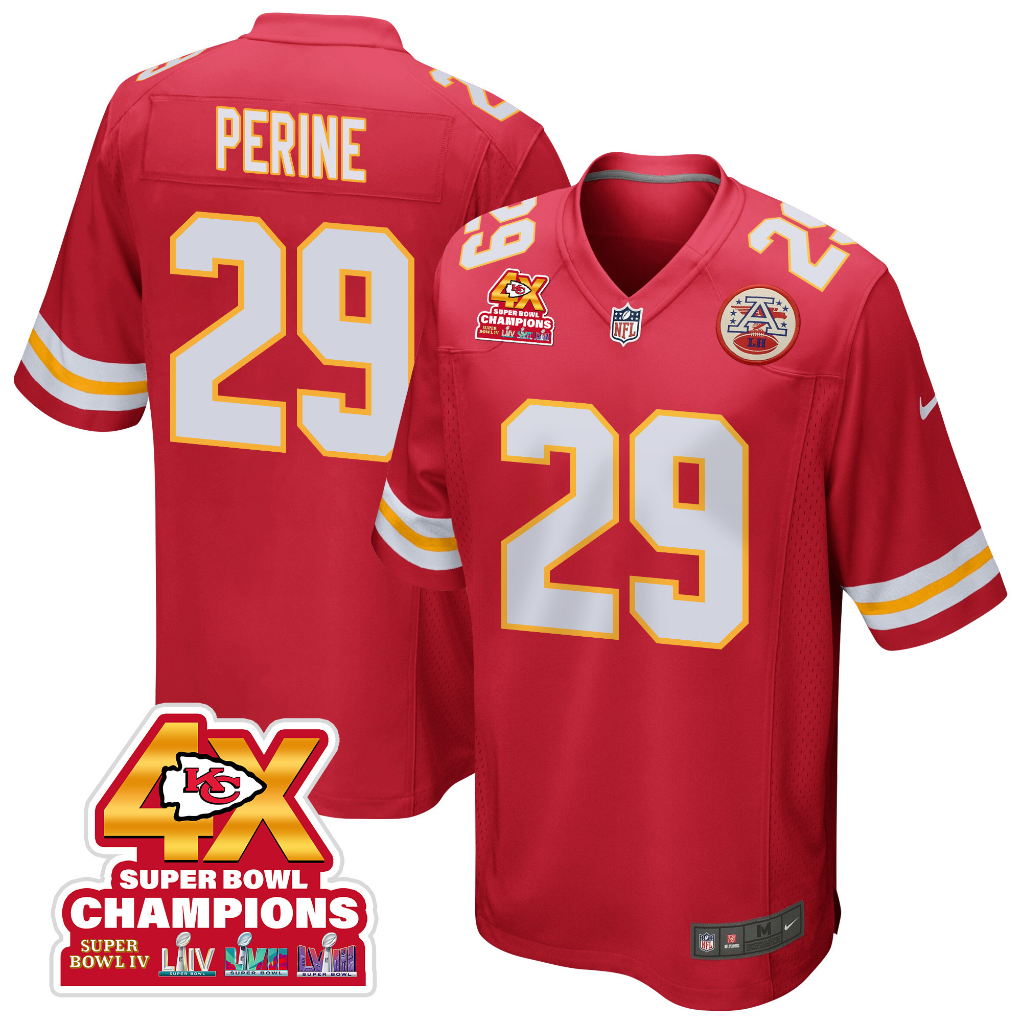 La'Mical Perine #29 Kansas City Chiefs Super Bowl LVIII Champions 4X Game Jersey - Men's | Red
