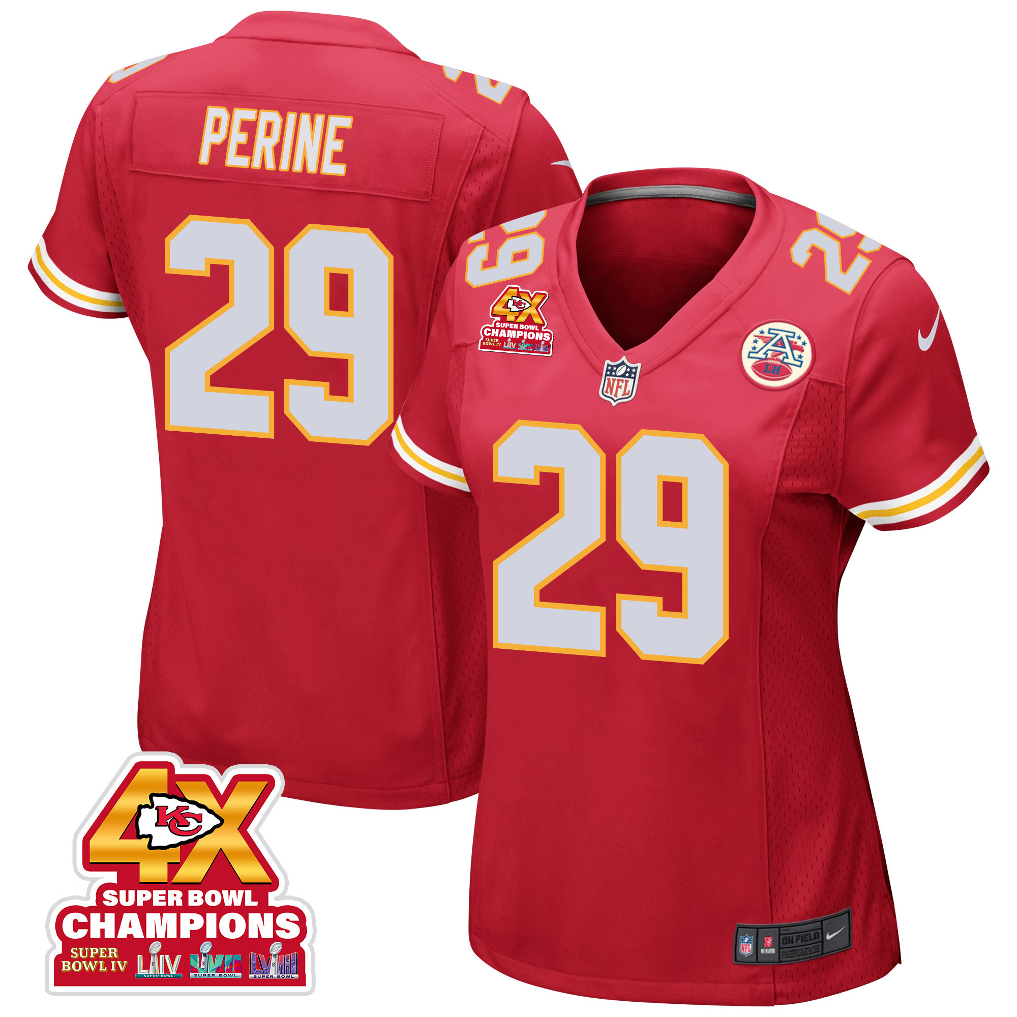 La'Mical Perine #29 Kansas City Chiefs Super Bowl LVIII Champions 4X Game Jersey - Women's | Red