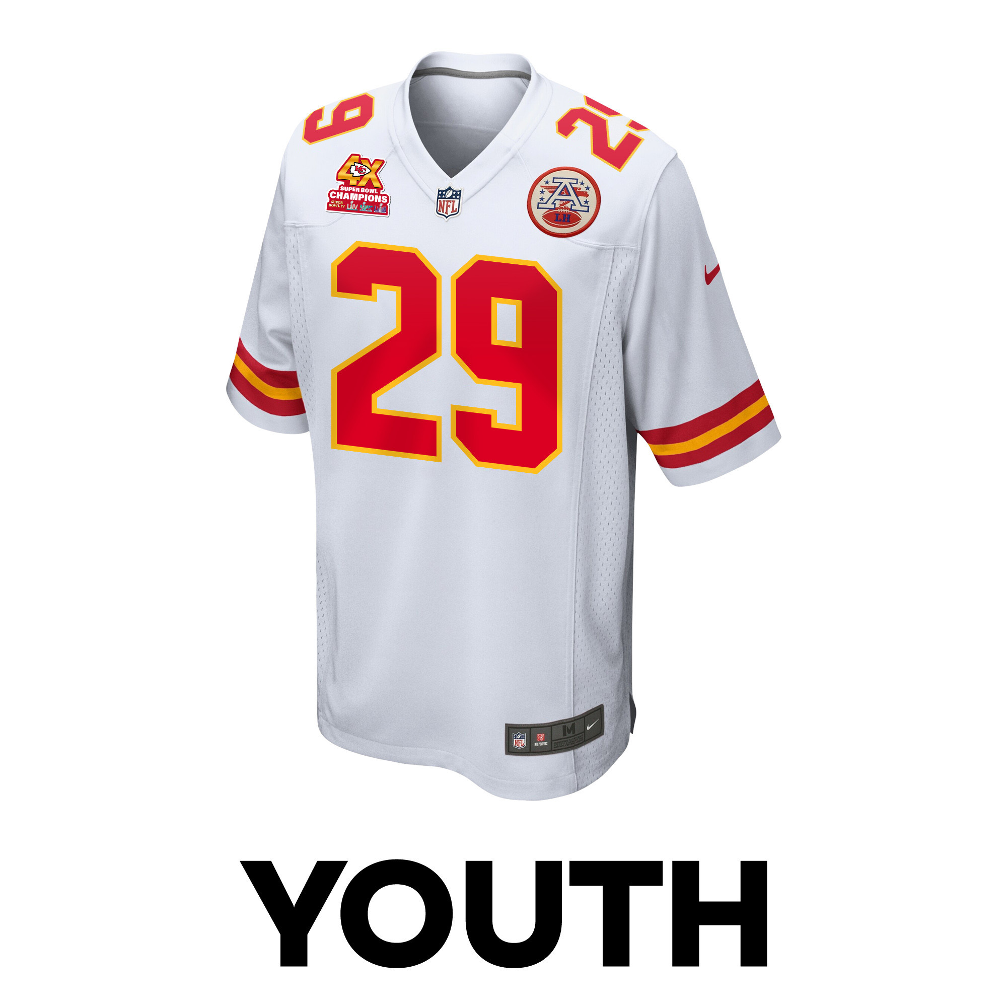 Alternative view of La'Mical Perine #29 Kansas City Chiefs Super Bowl LVIII Champions 4X Game Jersey - Youth | White
