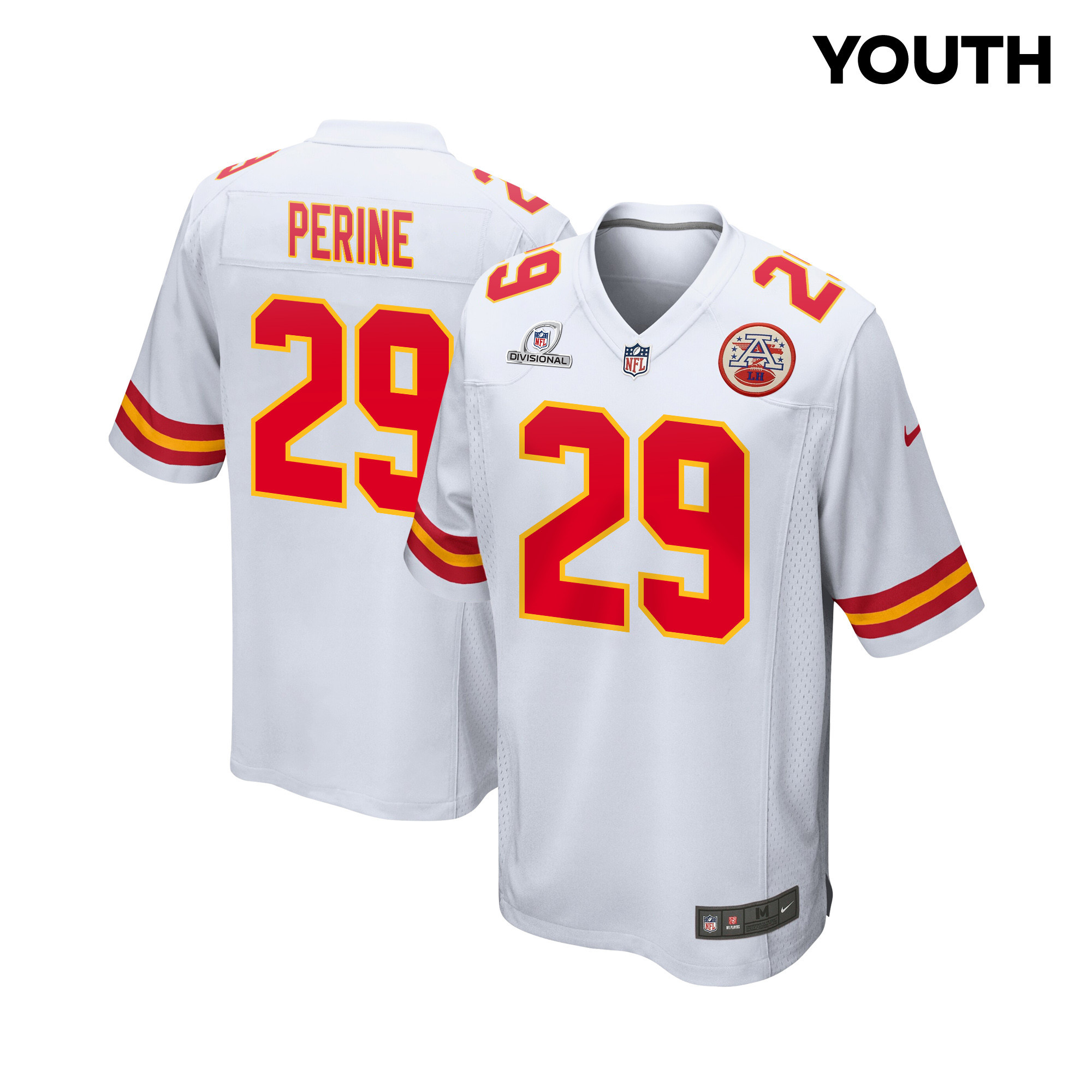 La'Mical Perine #29 Kansas City Chiefs Super Bowl LVIII Patch Game Jersey - Youth | White