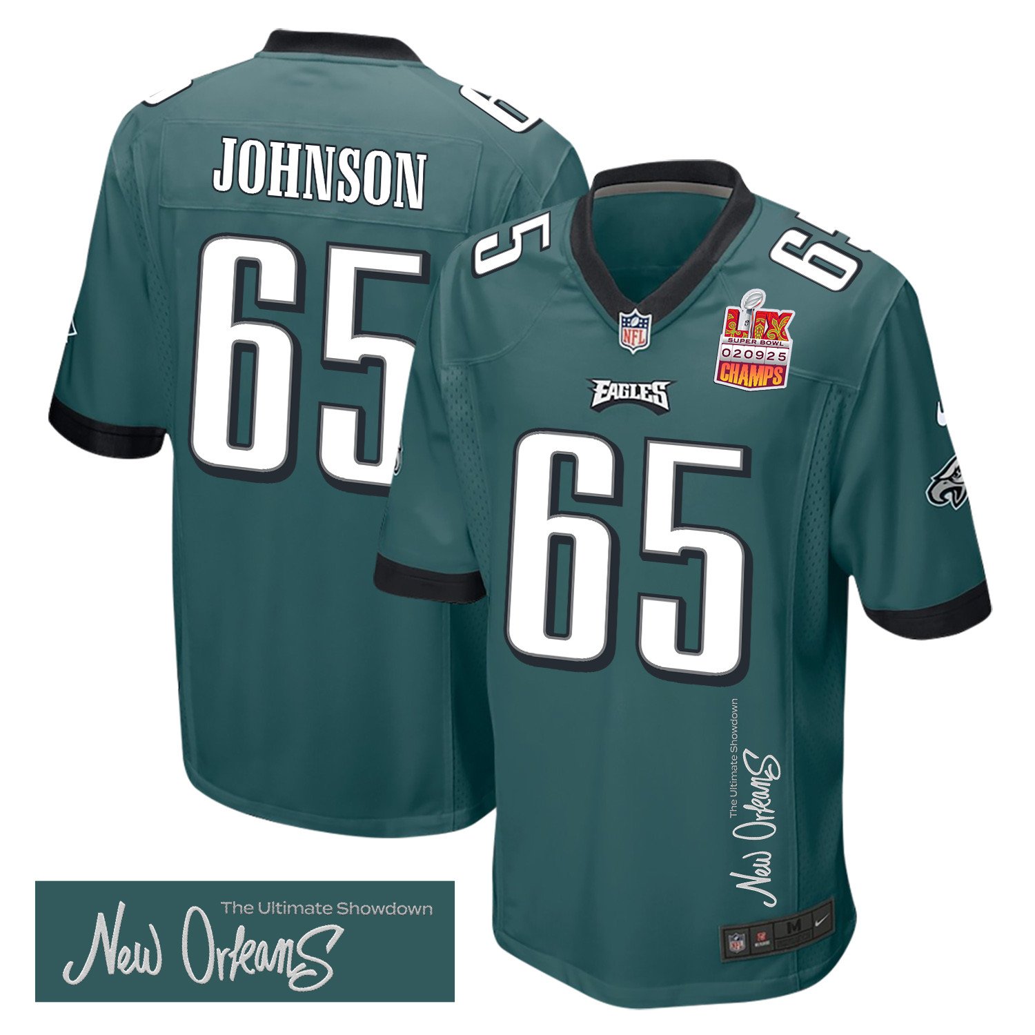 Lane Johnson #65 Philadelphia Eagles Super Bowl LIX Champions Patch Game Jersey - Men's | Midnight Green
