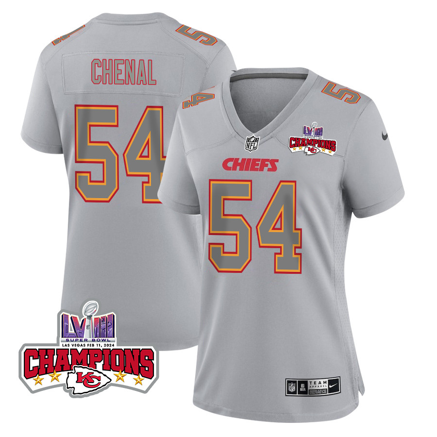 Leo Chenal #54 Kansas City Chiefs Super Bowl LVIII Champions 4 Stars Patch Game Jersey - Women's | Gray