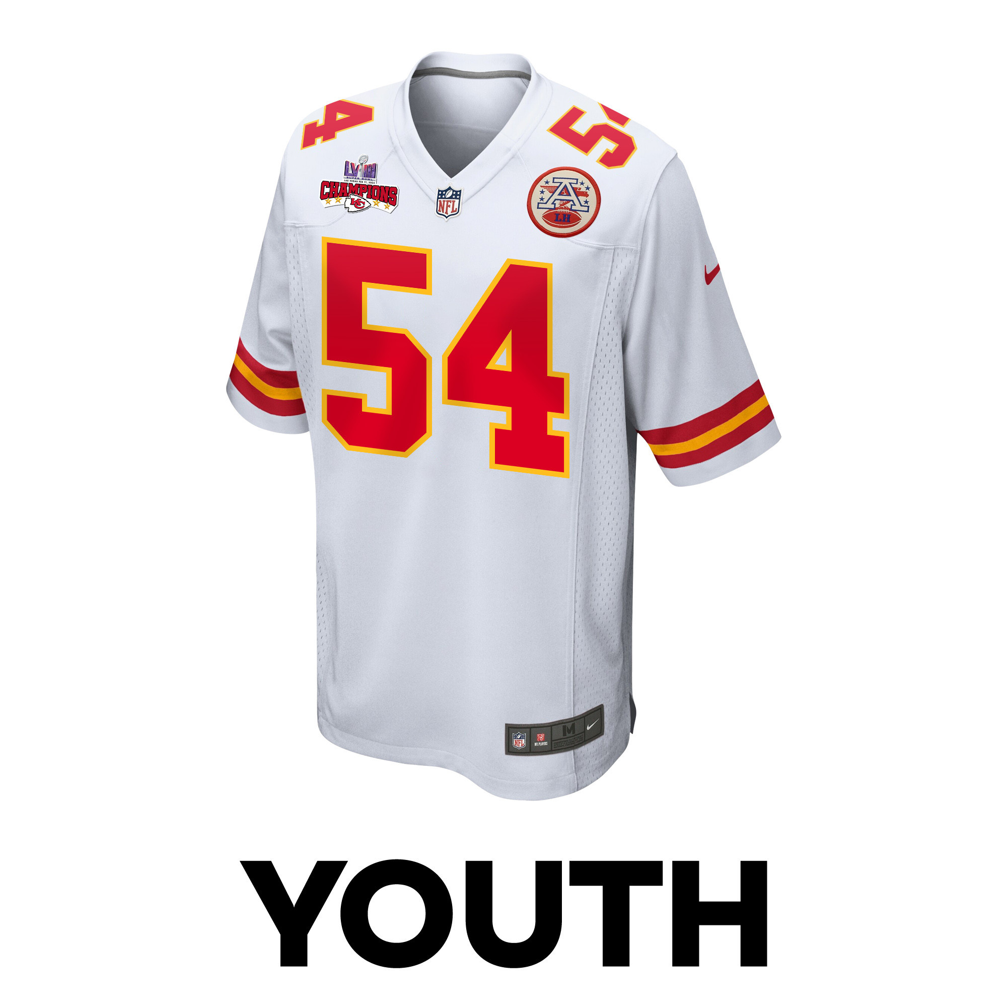 Alternative view of Leo Chenal #54 Kansas City Chiefs Super Bowl LVIII Champions 4 Stars Patch Game Jersey - Youth | White