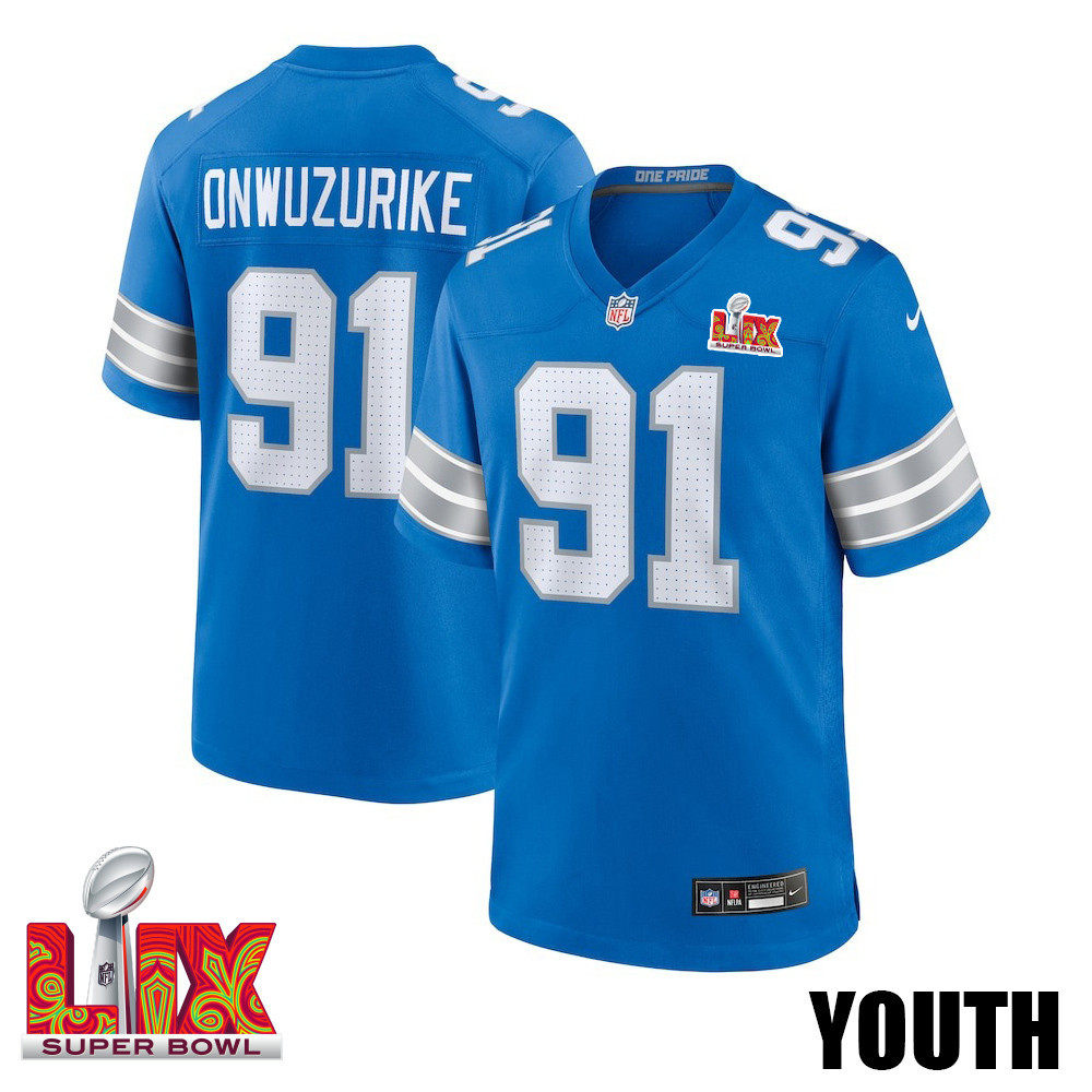 Levi Onwuzurike #91 Detroit Lions Super Bowl LIX Game Jersey - Youth | Blue