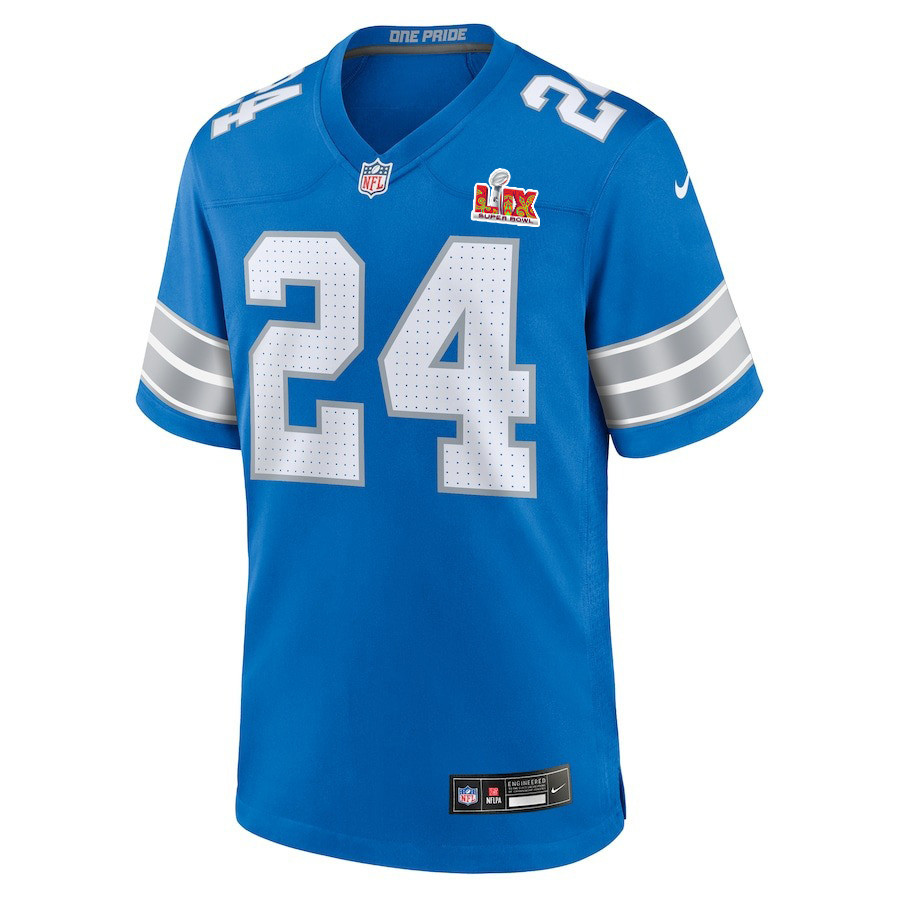 Alternative view of Loren Strickland #24 Detroit Lions Super Bowl LIX Game Jersey - Youth | Blue