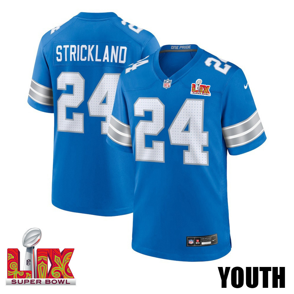 Loren Strickland #24 Detroit Lions Super Bowl LIX Game Jersey - Youth | Blue