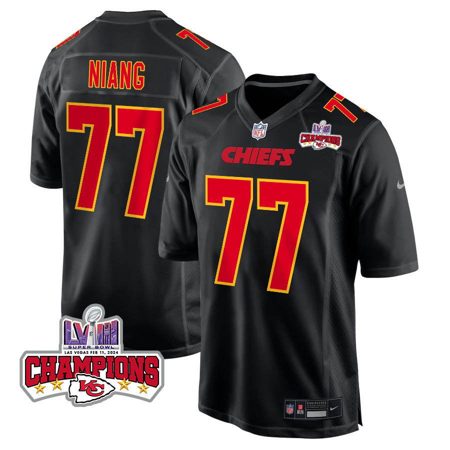 Lucas Niang #77 Kansas City Chiefs Super Bowl LVIII Champions 4 Stars Patch Game Jersey - Men's | Carbon Black