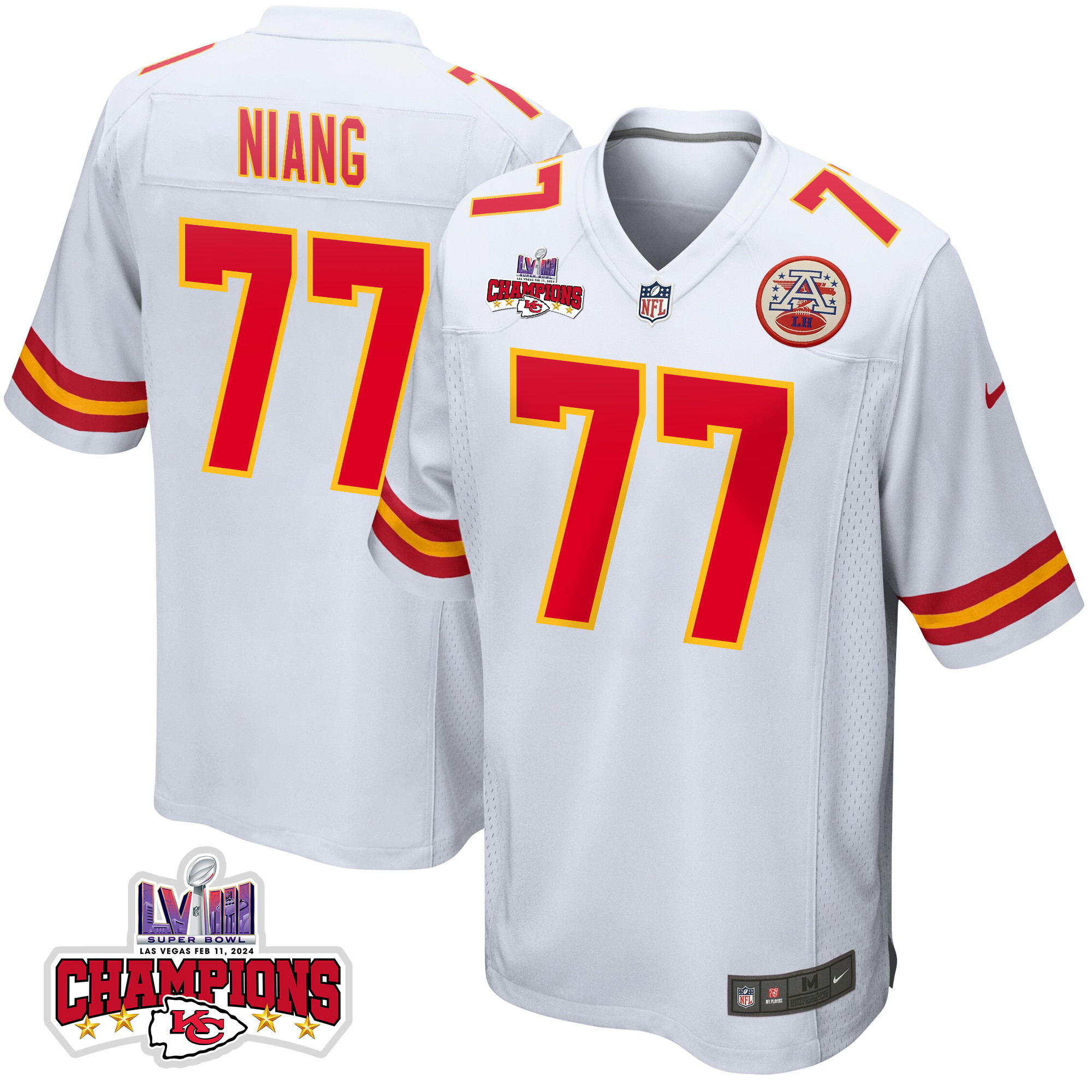 Lucas Niang #77 Kansas City Chiefs Super Bowl LVIII Champions 4 Stars Patch Game Jersey - Men's | White