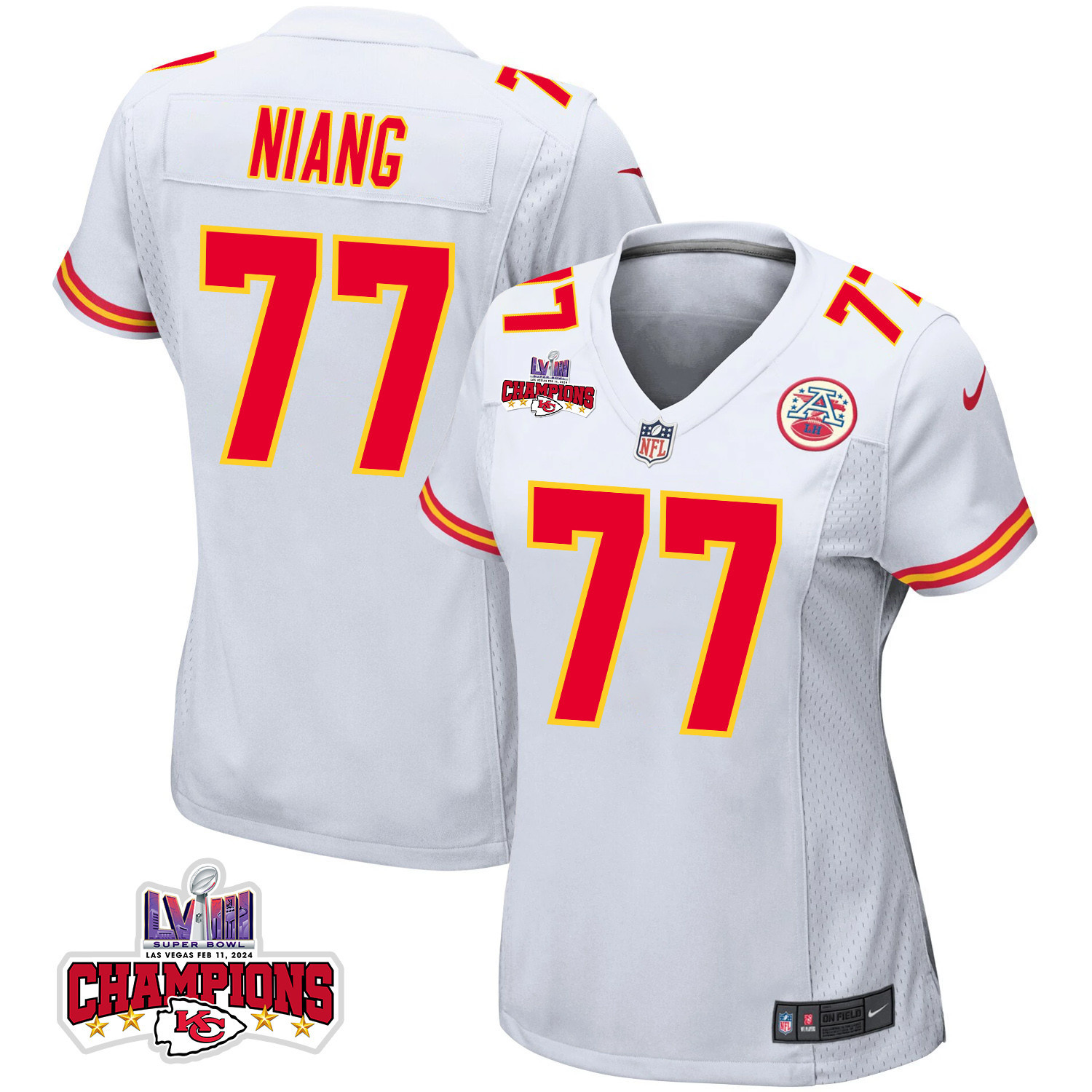 Lucas Niang #77 Kansas City Chiefs Super Bowl LVIII Champions 4 Stars Patch Game Jersey - Women's | White