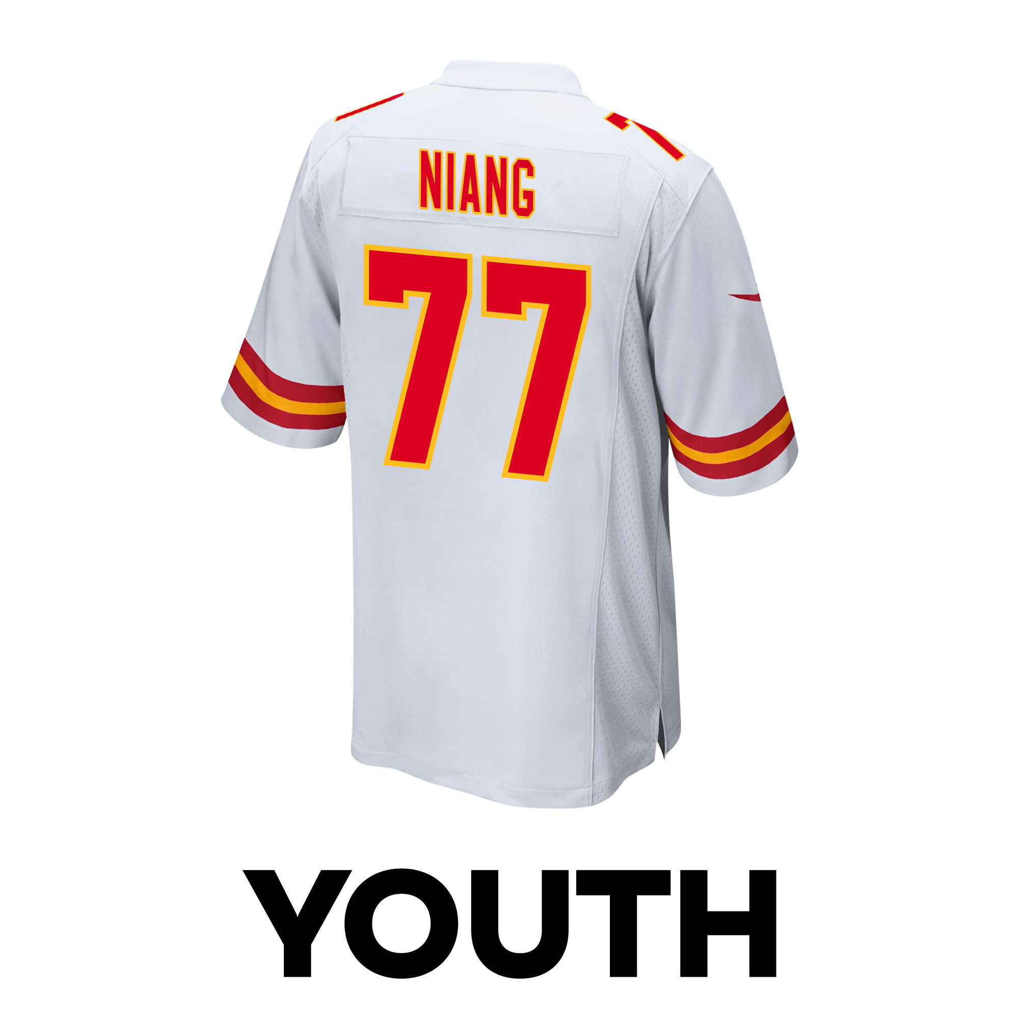 Lucas Niang #77 Kansas City Chiefs Super Bowl LVIII Champions 4 Stars Patch Game Jersey - Youth | White - Image 3
