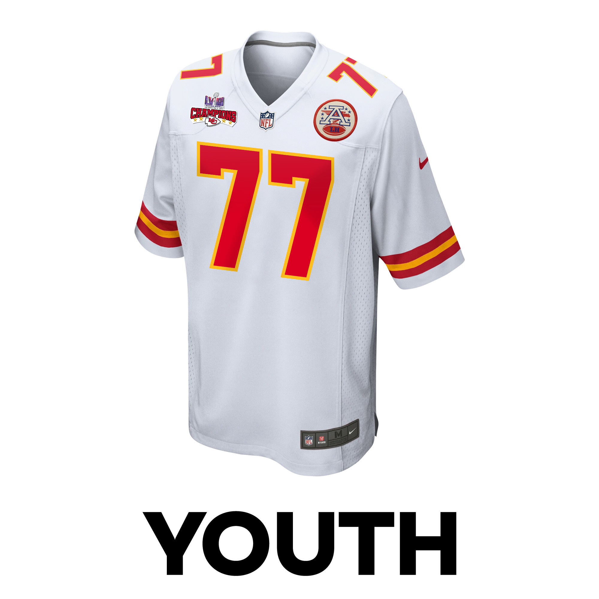 Alternative view of Lucas Niang #77 Kansas City Chiefs Super Bowl LVIII Champions 4 Stars Patch Game Jersey - Youth | White