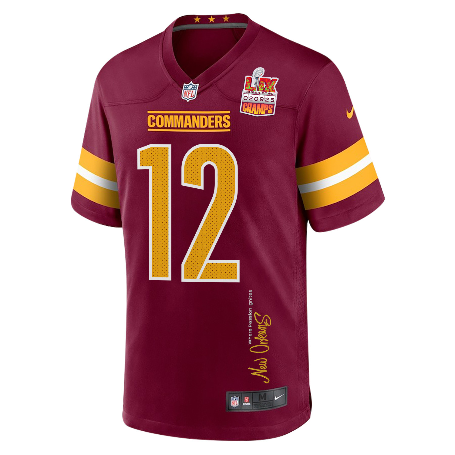 Luke McCaffrey #12 Washington Commanders Super Bowl LIX Champions Patch Game Jersey - Men's | Burgundy - Image 3