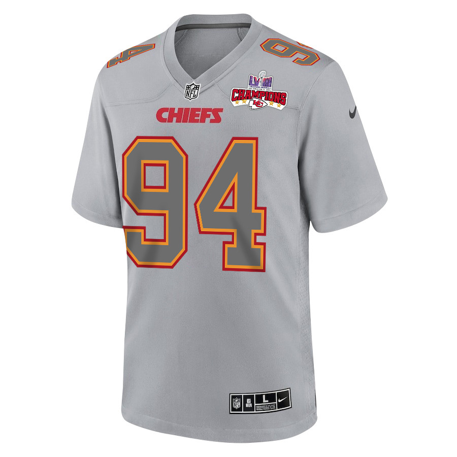 Alternative view of Malik Herring #94 Kansas City Chiefs Super Bowl LVIII Champions 4 Stars Patch Game Jersey - Men's | Gray