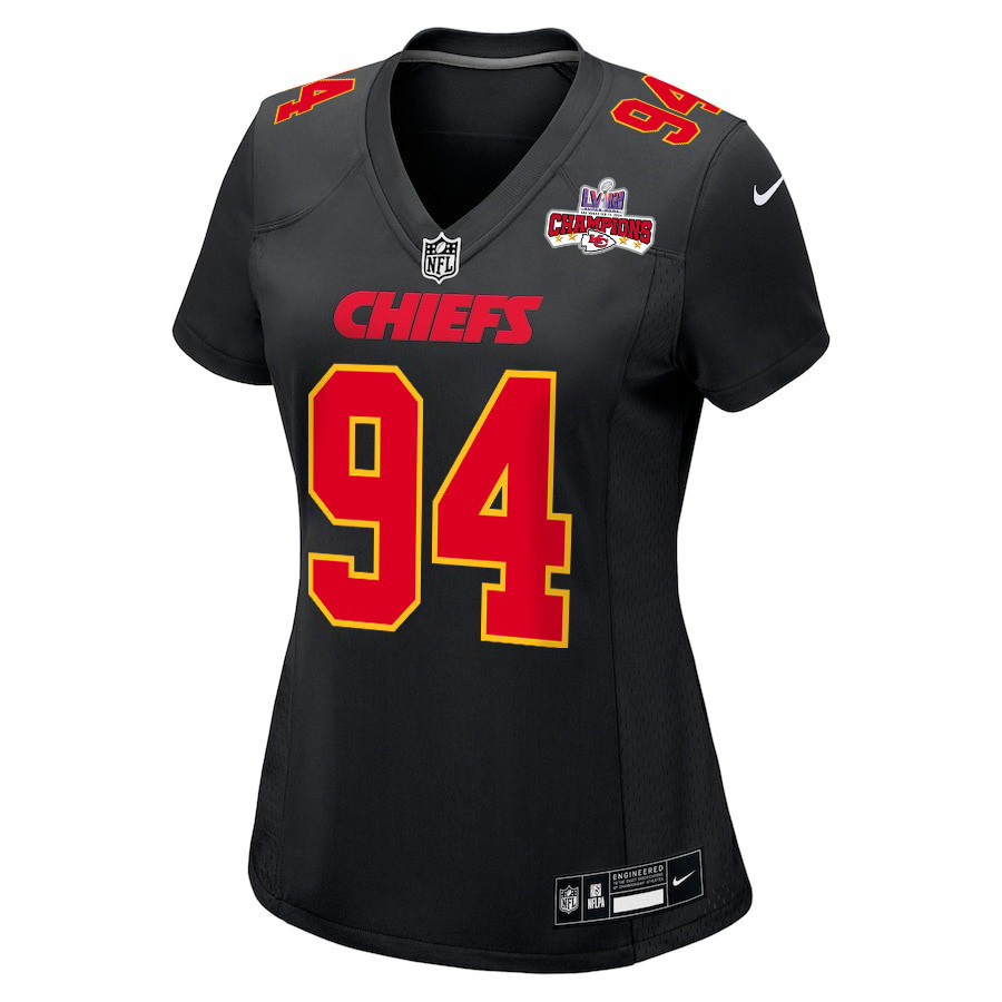 Alternative view of Malik Herring #94 Kansas City Chiefs Super Bowl LVIII Champions 4 Stars Patch Game Jersey - Women's | Carbon Black