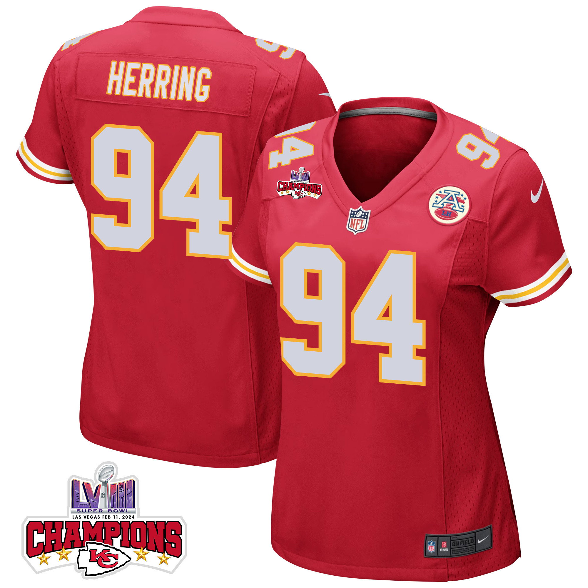 Malik Herring #94 Kansas City Chiefs Super Bowl LVIII Champions 4 Stars Patch Game Jersey - Women's | Red