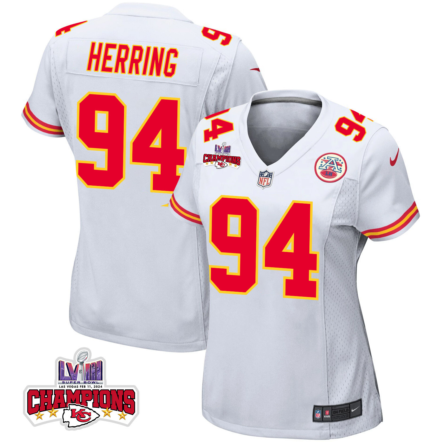Malik Herring #94 Kansas City Chiefs Super Bowl LVIII Champions 4 Stars Patch Game Jersey - Women's | White