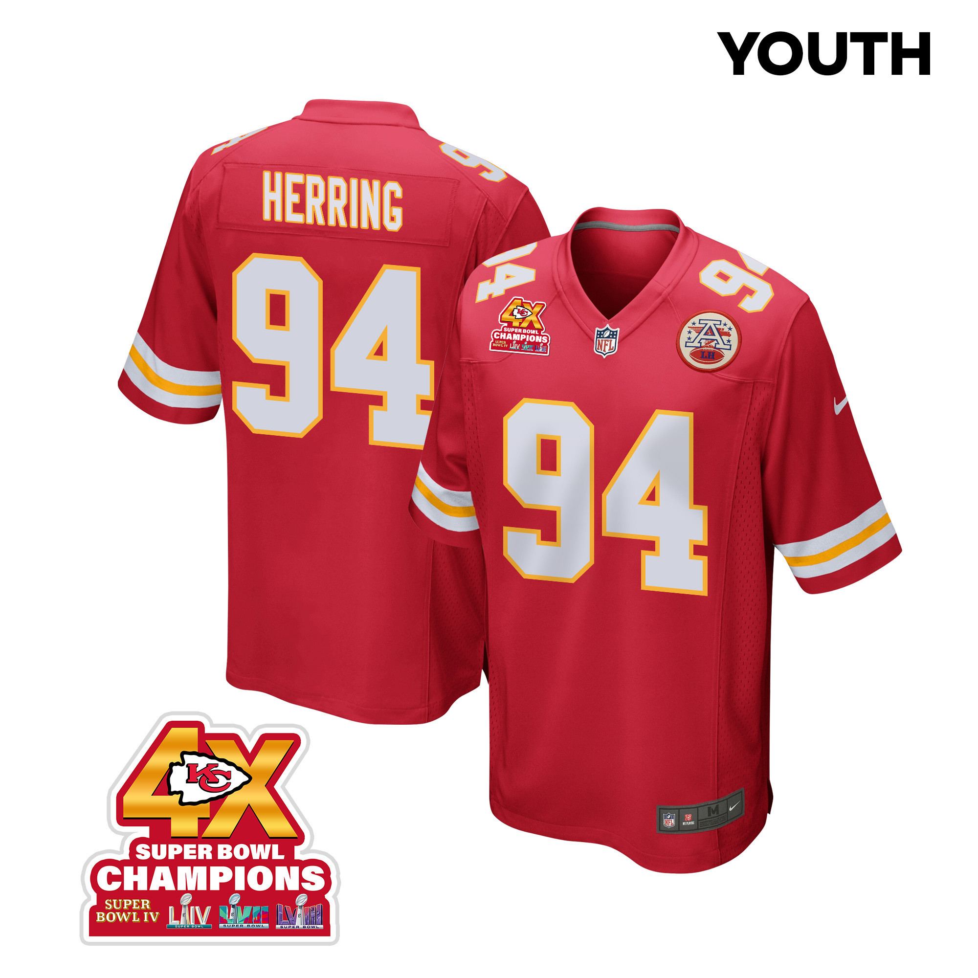 Malik Herring #94 Kansas City Chiefs Super Bowl LVIII Champions 4X Game Jersey - Youth | Red