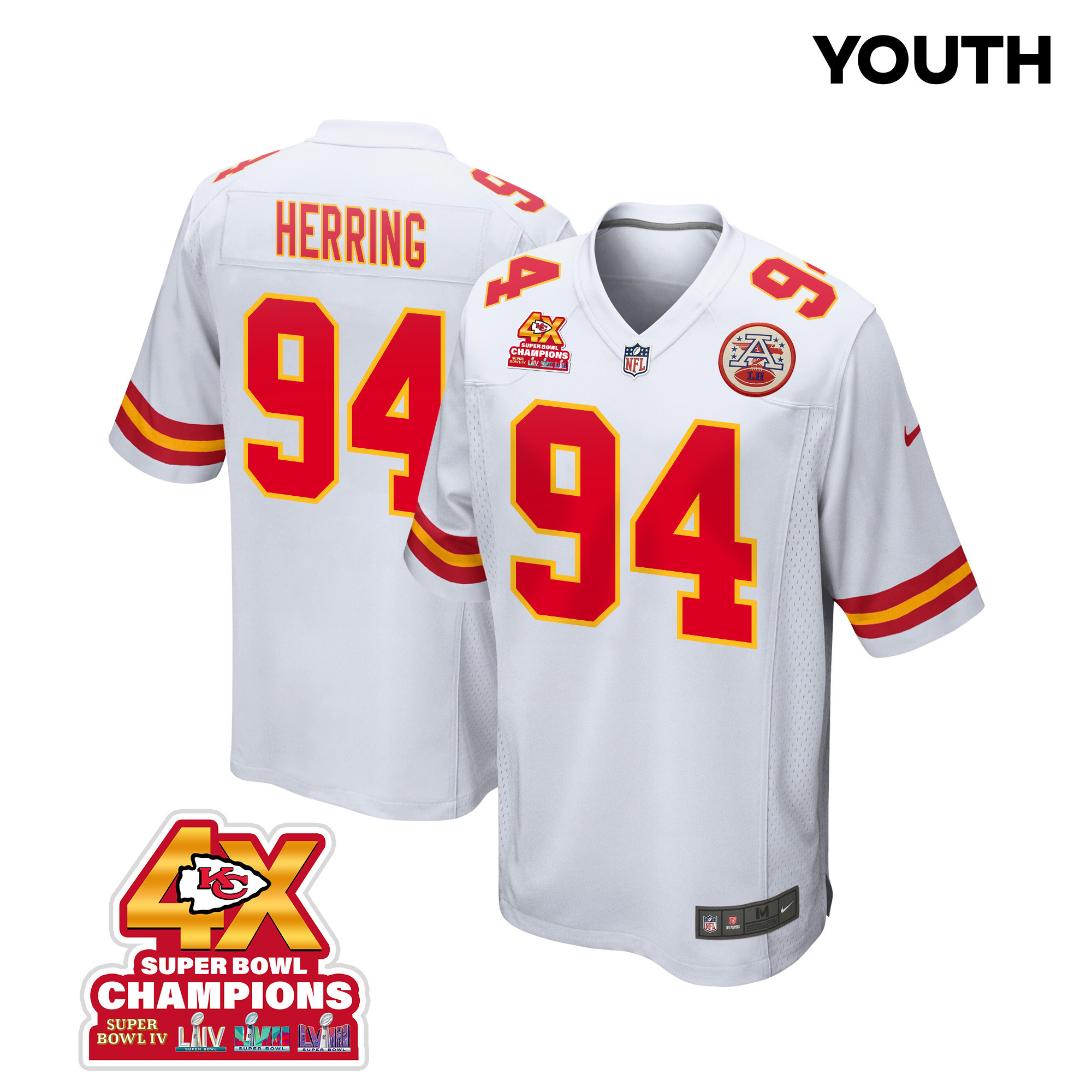 Malik Herring #94 Kansas City Chiefs Super Bowl LVIII Champions 4X Game Jersey - Youth | White