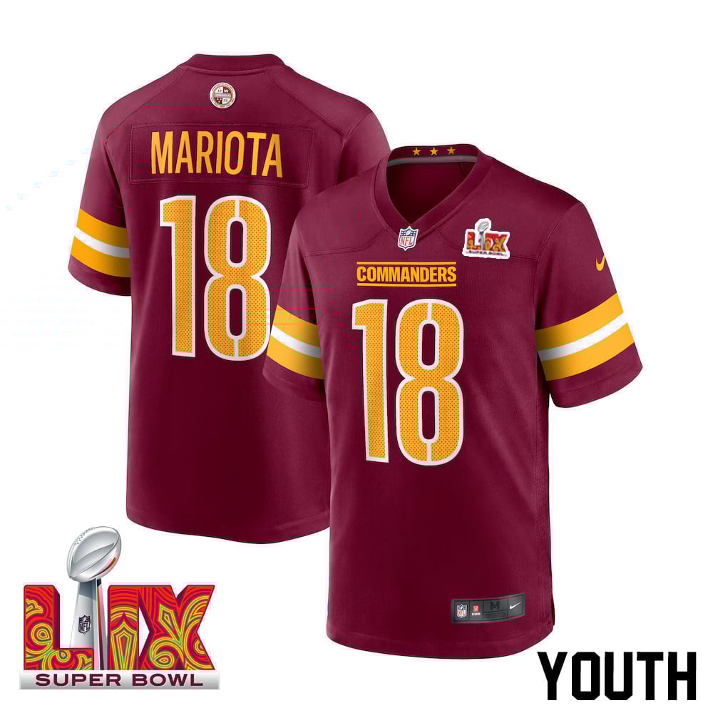 Marcus Mariota #18 Washington Commanders Super Bowl LIX Game Jersey - Youth | Burgundy