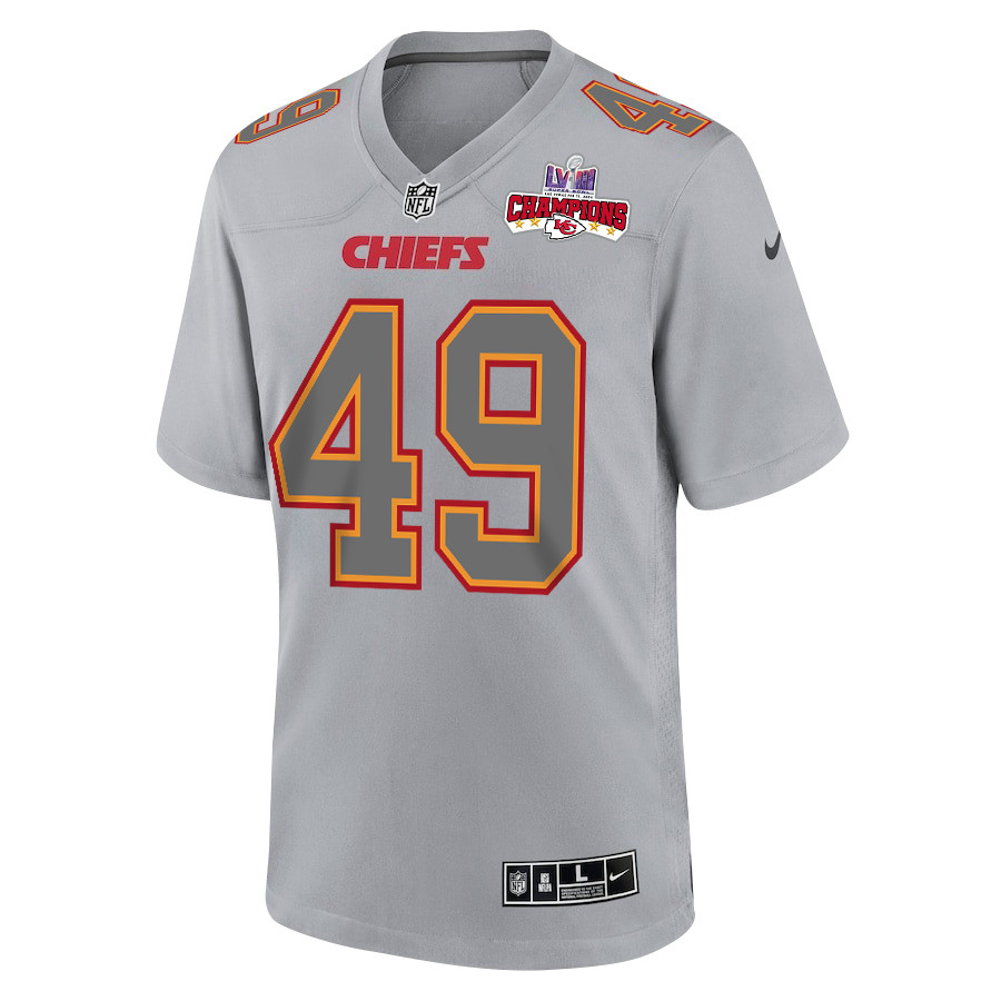 Alternative view of Matt Bushman #49 Kansas City Chiefs Super Bowl LVIII Champions 4 Stars Patch Game Jersey - Men's | Gray