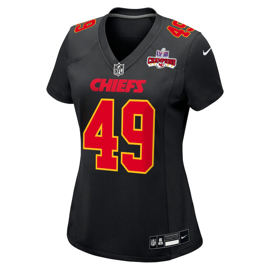 Alternative view of Matt Bushman #49 Kansas City Chiefs Super Bowl LVIII Champions 4 Stars Patch Game Jersey - Women's | Carbon Black