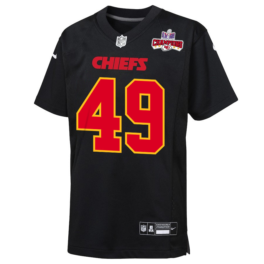 Alternative view of Matt Bushman #49 Kansas City Chiefs Super Bowl LVIII Champions 4 Stars Patch Game Jersey - Youth | Carbon Black