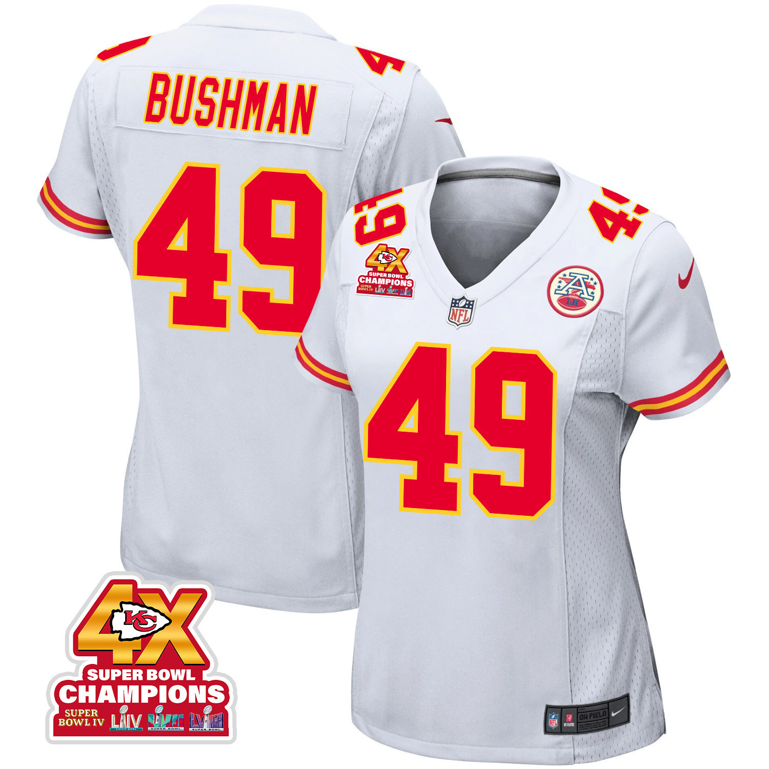Matt Bushman #49 Kansas City Chiefs Super Bowl LVIII Champions 4X Game Jersey - Women's | White