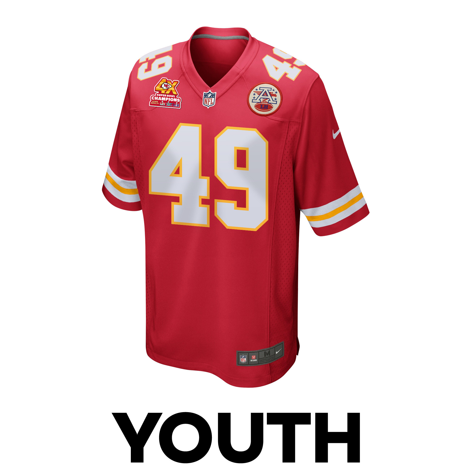 Alternative view of Matt Bushman #49 Kansas City Chiefs Super Bowl LVIII Champions 4X Game Jersey - Youth | Red