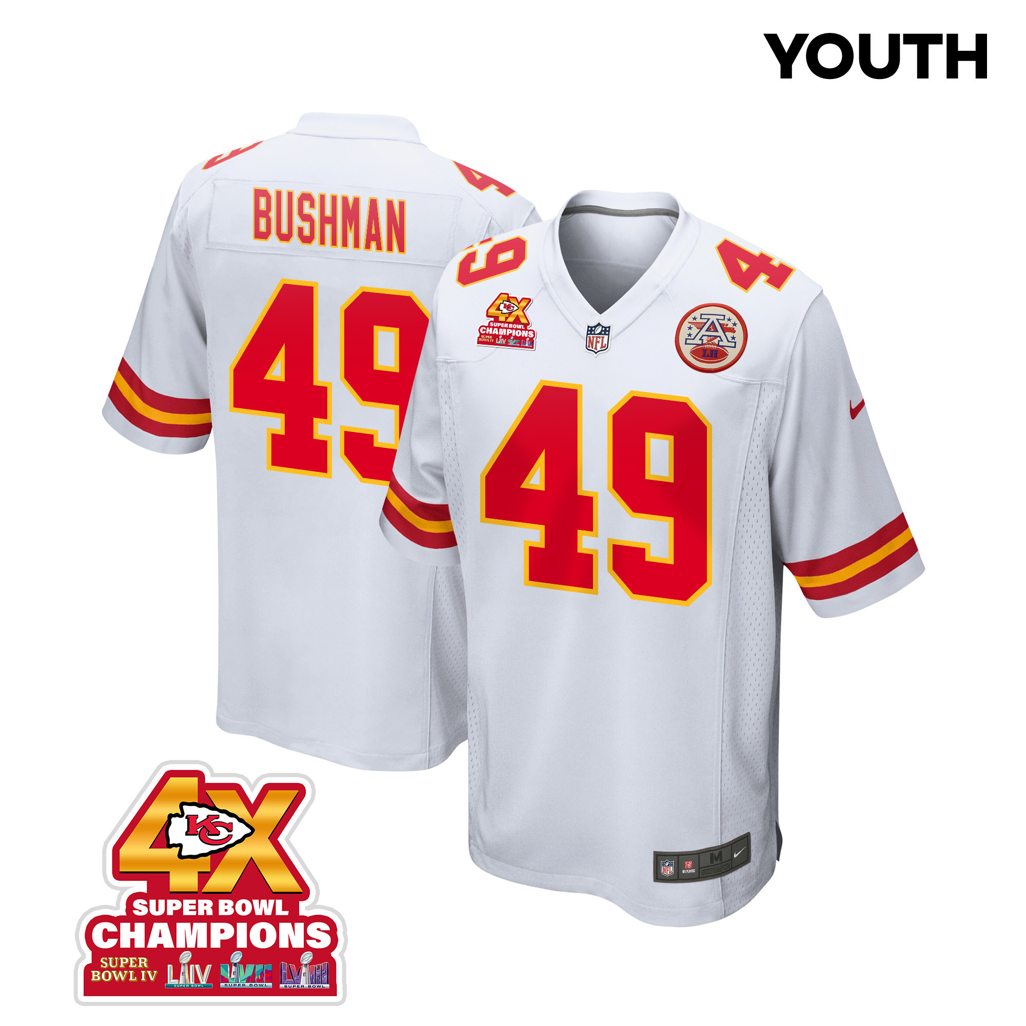 Matt Bushman #49 Kansas City Chiefs Super Bowl LVIII Champions 4X Game Jersey - Youth | White