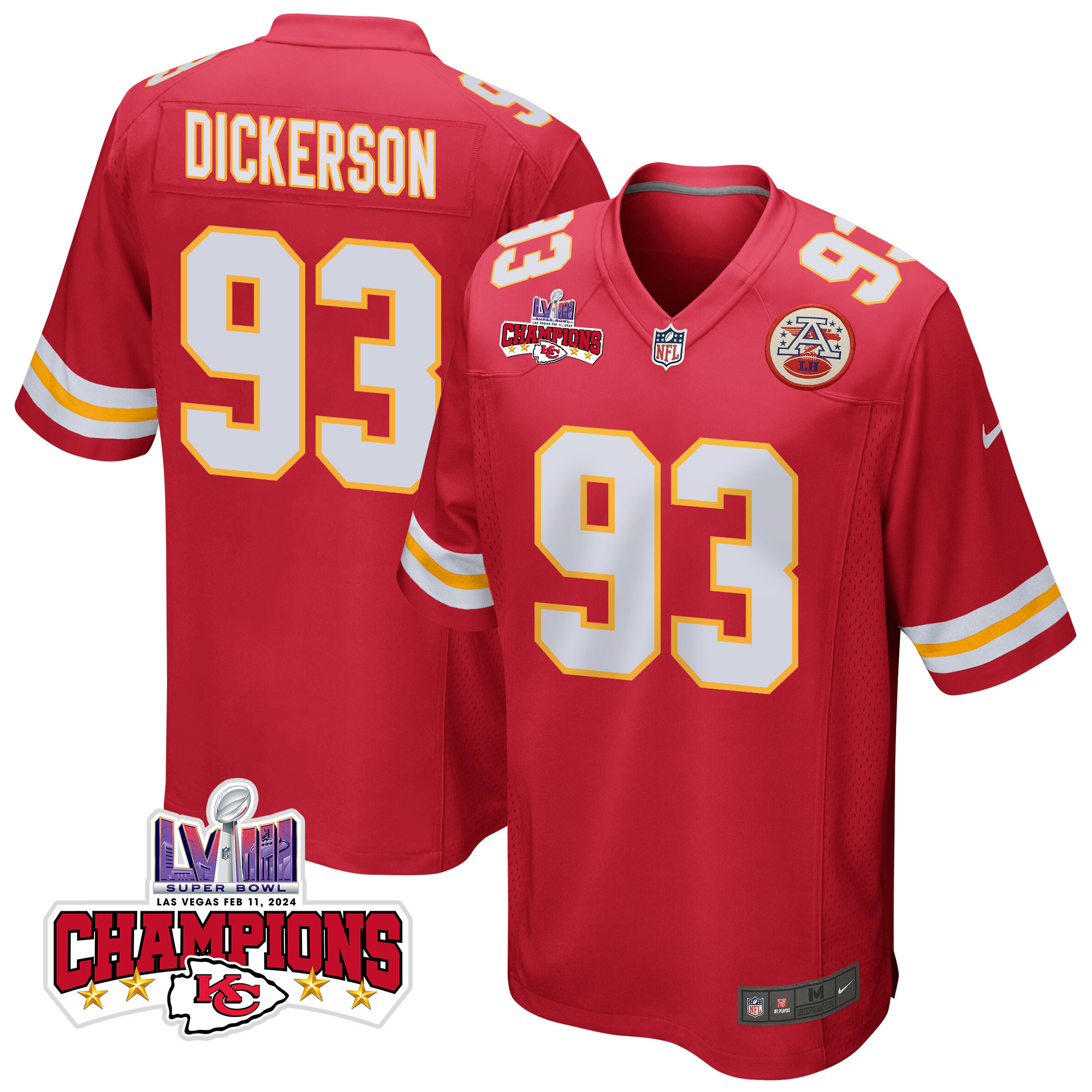 Matt Dickerson #93 Kansas City Chiefs Super Bowl LVIII Champions 4 Stars Patch Game Jersey - Men's | Red