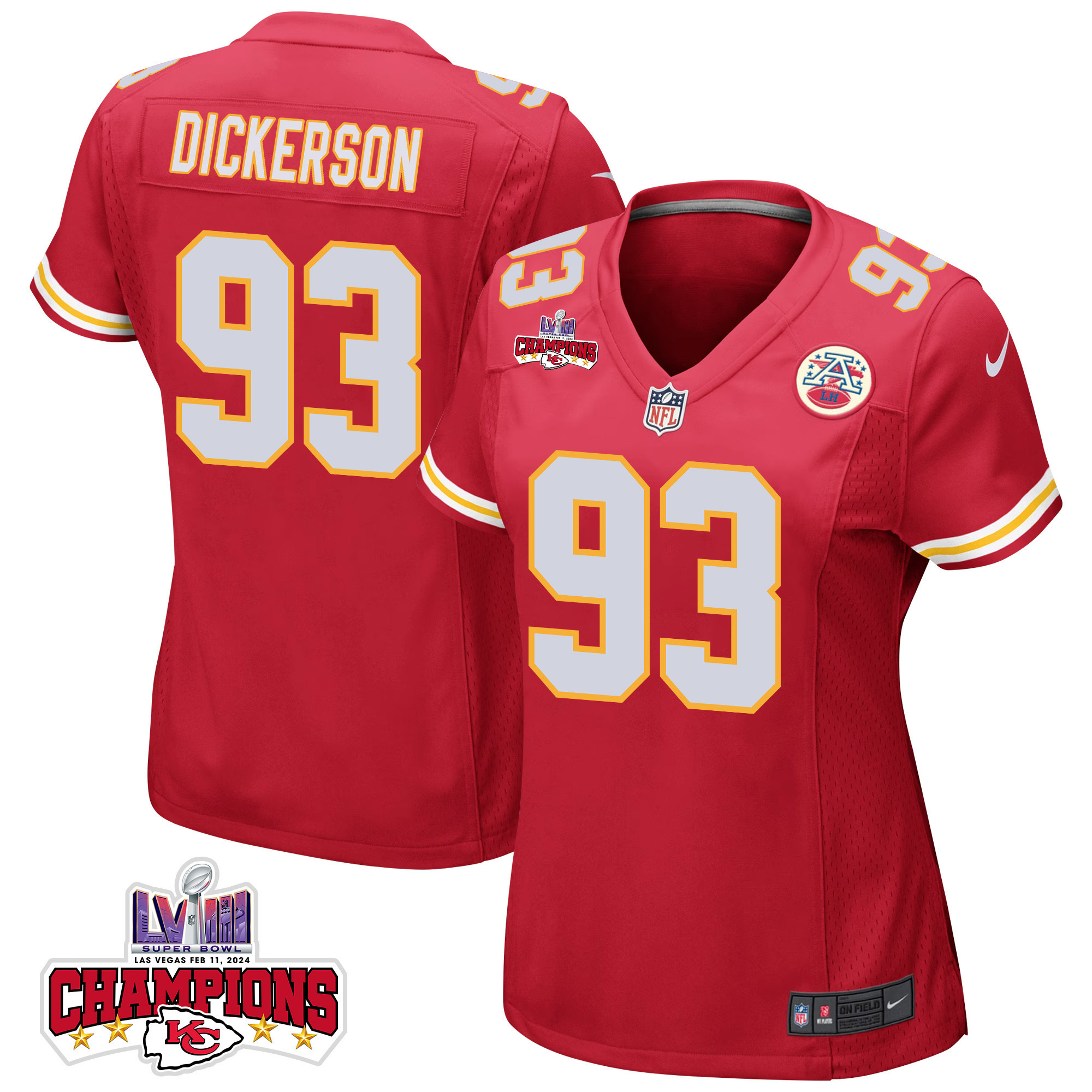 Matt Dickerson #93 Kansas City Chiefs Super Bowl LVIII Champions 4 Stars Patch Game Jersey - Women's | Red