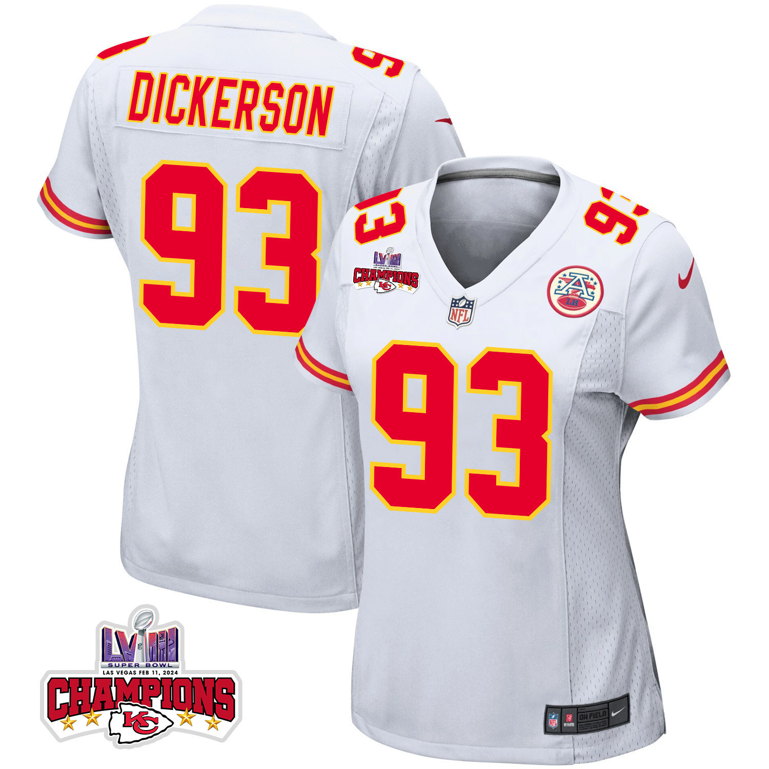 Matt Dickerson #93 Kansas City Chiefs Super Bowl LVIII Champions 4 Stars Patch Game Jersey - Women's | White