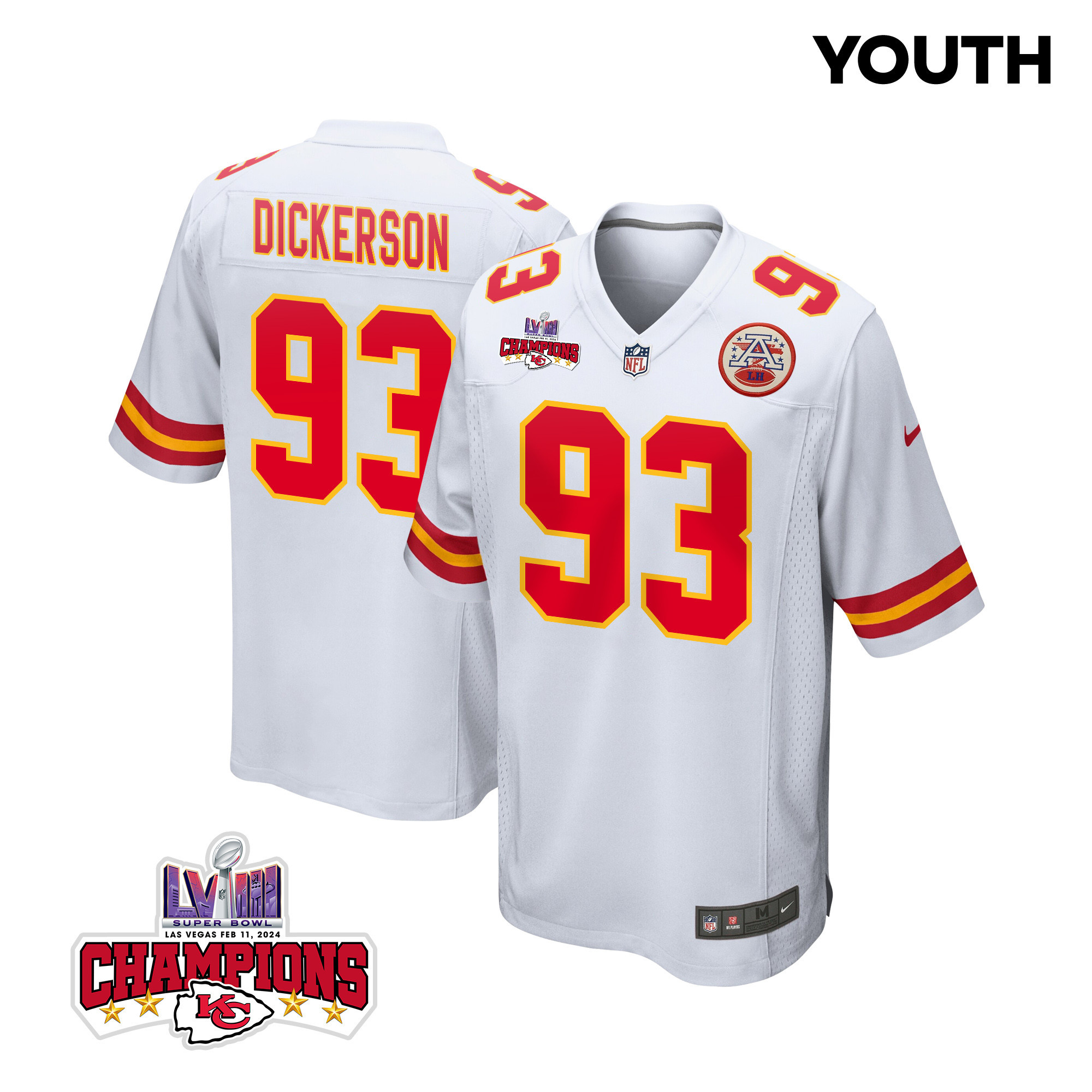 Matt Dickerson #93 Kansas City Chiefs Super Bowl LVIII Champions 4 Stars Patch Game Jersey - Youth | White