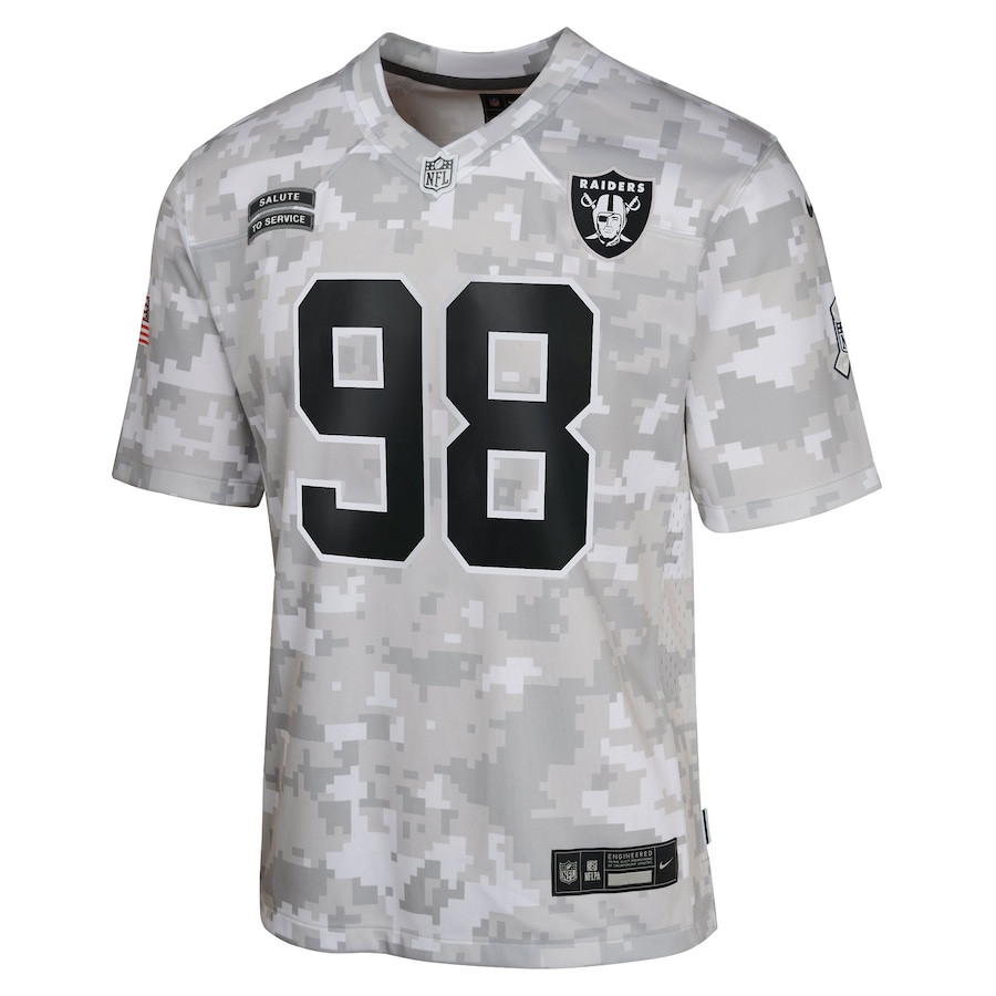 Alternative view of Maxx Crosby #98 Las Vegas Raiders Salute To Service Game Jersey - Youth | Arctic Camo