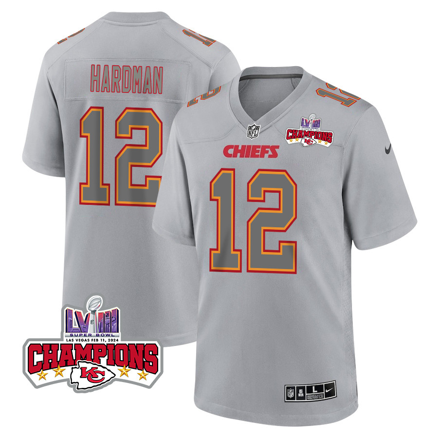 Mecole Hardman #12 Kansas City Chiefs Super Bowl LVIII Champions 4 Stars Patch Game Jersey - Men's | Gray