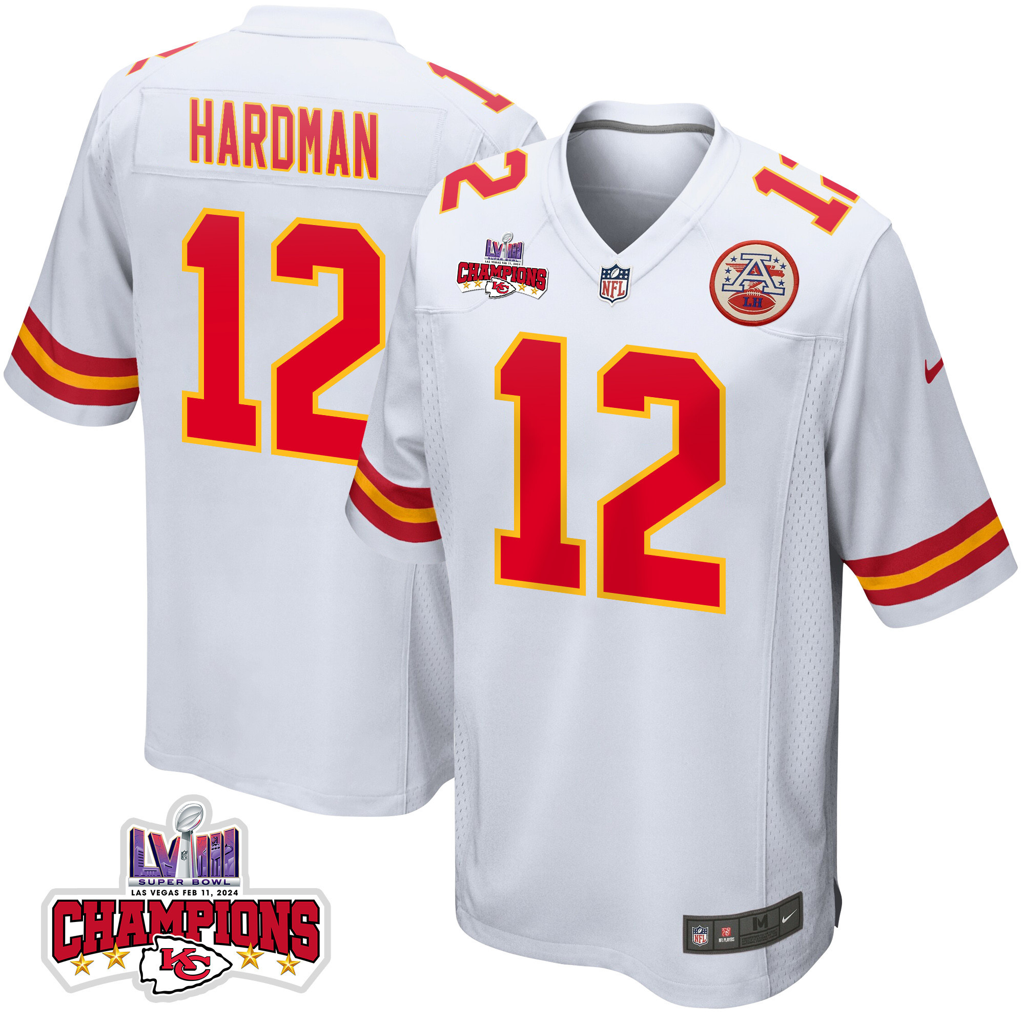 Mecole Hardman #12 Kansas City Chiefs Super Bowl LVIII Champions 4 Stars Patch Game Jersey - Men's | White