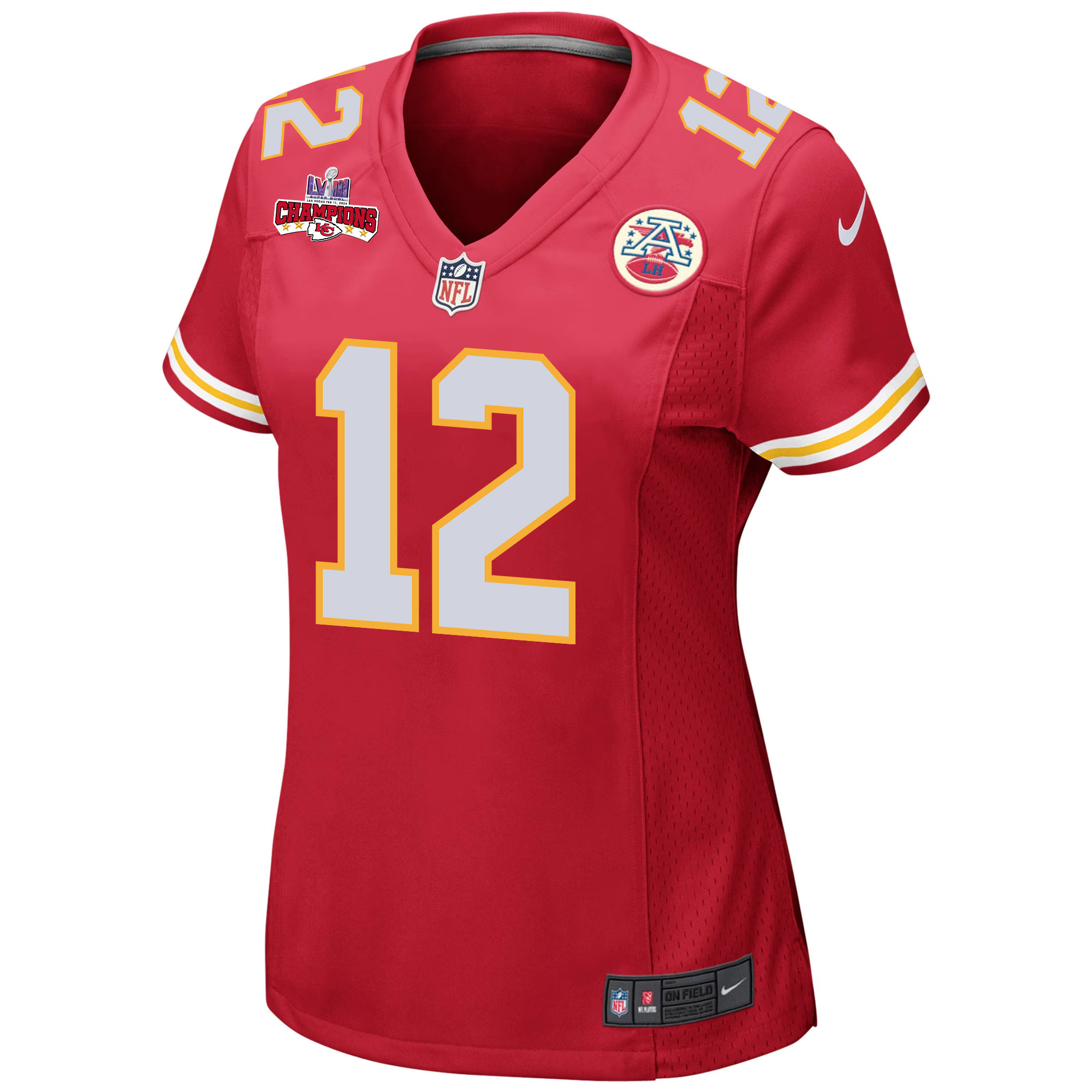 Alternative view of Mecole Hardman #12 Kansas City Chiefs Super Bowl LVIII Champions 4 Stars Patch Game Jersey - Women's | Red