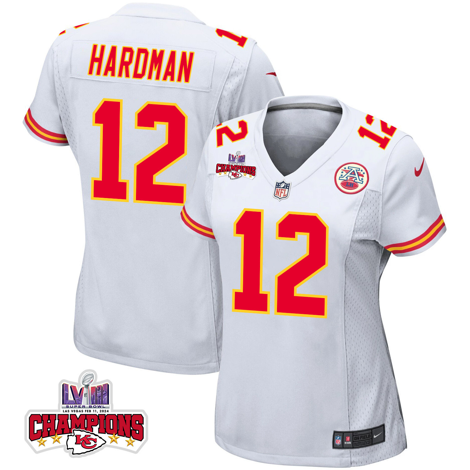 Mecole Hardman #12 Kansas City Chiefs Super Bowl LVIII Champions 4 Stars Patch Game Jersey - Women's | White