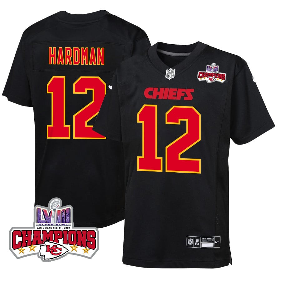 Mecole Hardman #12 Kansas City Chiefs Super Bowl LVIII Champions 4 Stars Patch Game Jersey - Youth | Carbon Black