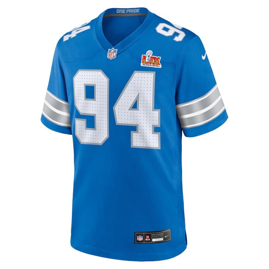Alternative view of Mekhi Wingo #94 Detroit Lions Super Bowl LIX Game Jersey - Youth | Blue