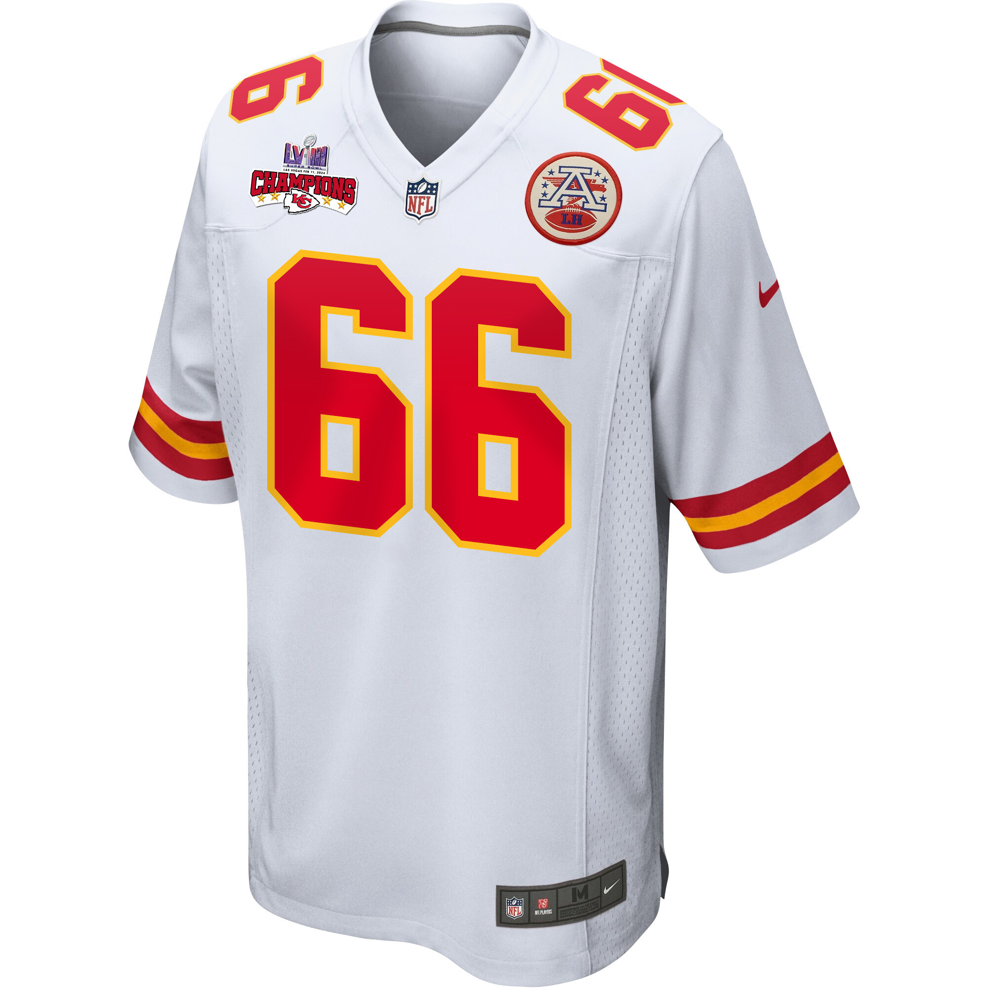 Alternative view of Mike Caliendo #66 Kansas City Chiefs Super Bowl LVIII Champions 4 Stars Patch Game Jersey - Men's | White