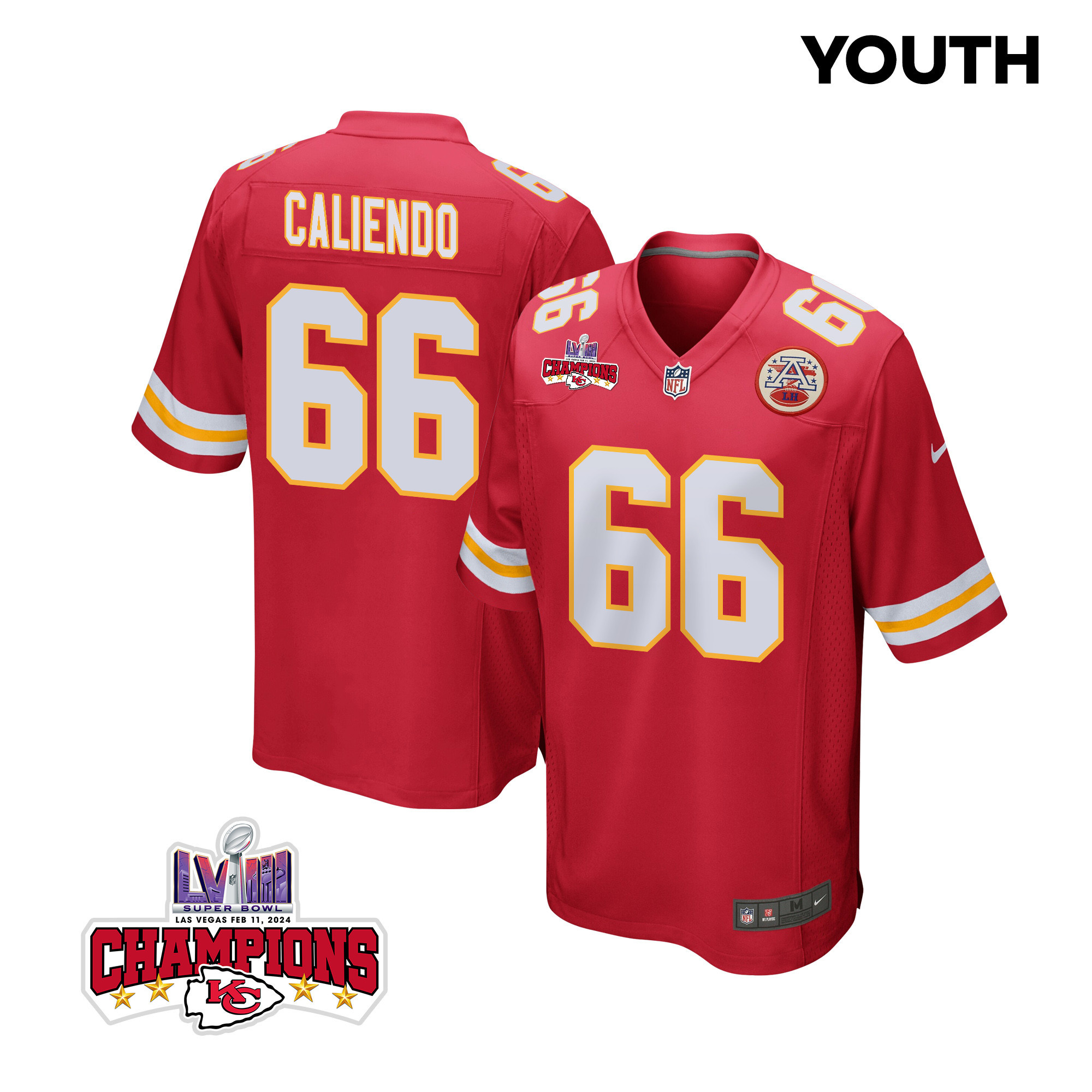 Mike Caliendo #66 Kansas City Chiefs Super Bowl LVIII Champions 4 Stars Patch Game Jersey - Youth | Red